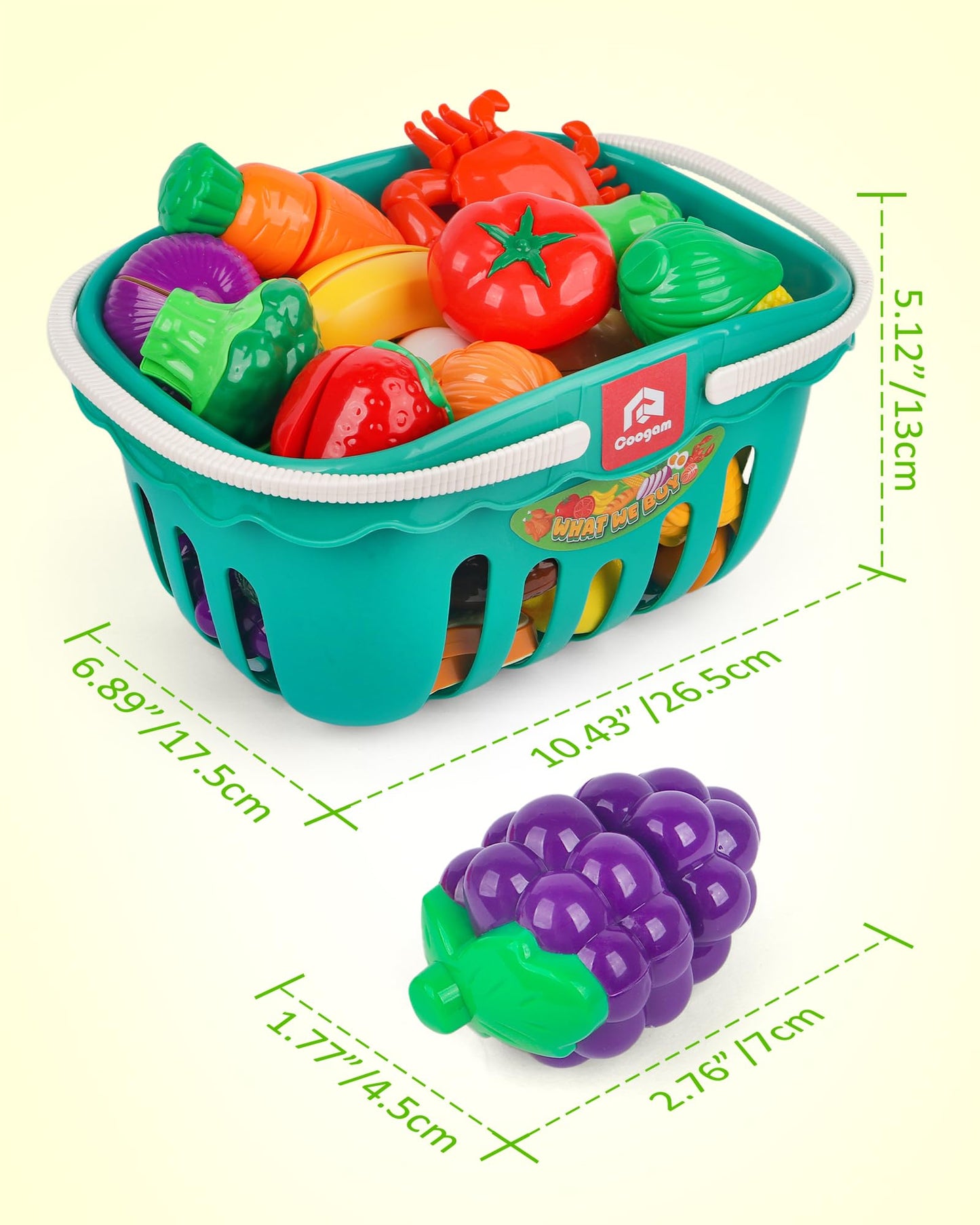 Coogam Pretend Play Food Set for Kids, Fake Fruits Meats Vegetables Balanced Meal Mixing and Cutting Toy, Play Kitchen Accessories with Shopping List, Educational Toy for 3 4 5 Years Old Kids
