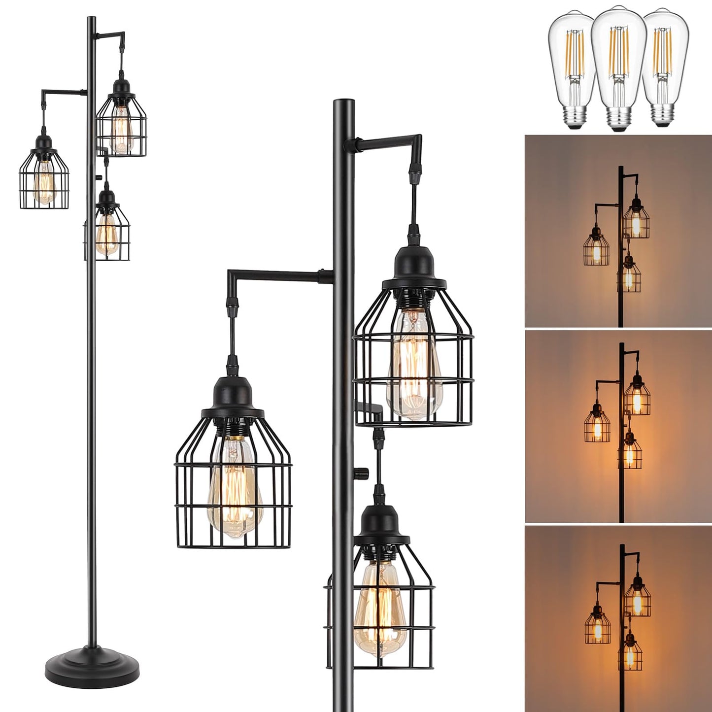 9MMML Floor Lamp for Living Room, Farmhouse Industrial Dimmable Floor lamp,3 Lights Metal Cage Tree Standing Lamp,68", 3Pcs Led Bulbs Included
