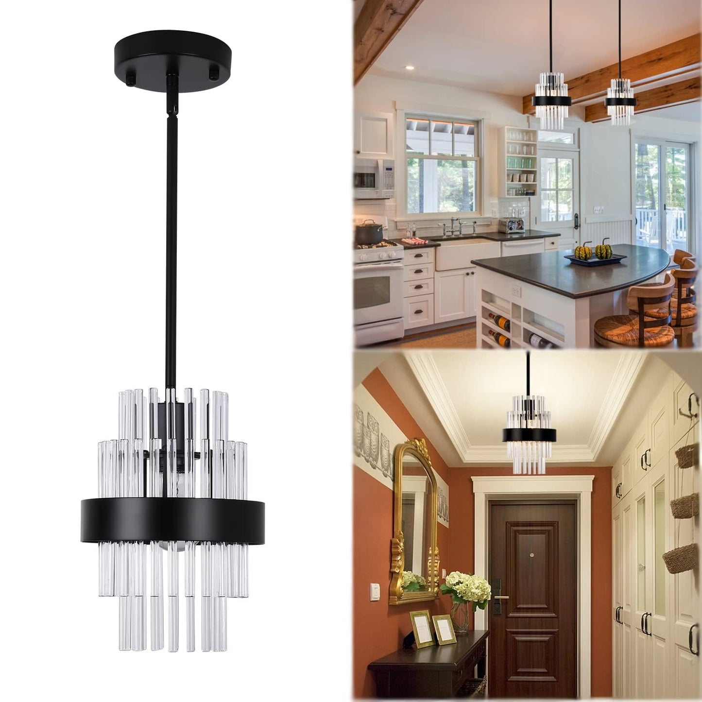 IkirourI Pendant Light Fixtures, 7inch Modern Glass Pendant Lights, Matte Black Kitchen Island Lighting, Height Adjustable Pendant Lighting (Matte Black, 1 Pack)