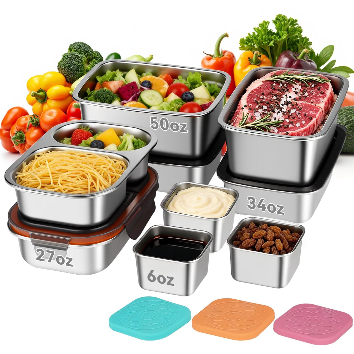 YUANYE 9 Pack 50/34/27/6oz Stainless Steel Salad Bowls with Lids & Dressing Cups, Leakproof Salad Containers Airtight Lunch Box, Small Snack Containers Oven/Dishwsher Safe for Meal Prep & Lunch To Go