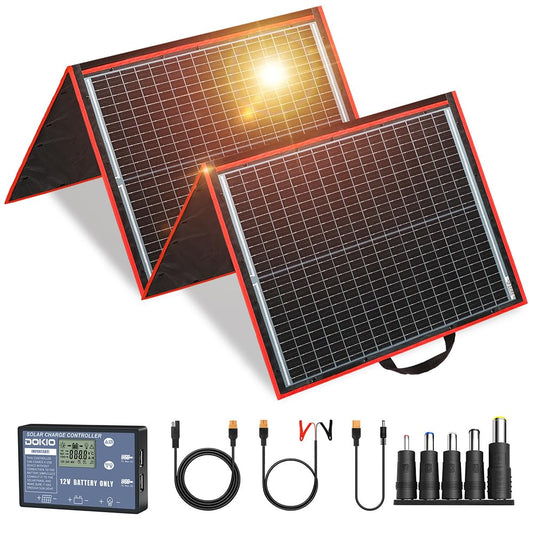 DOKIO 150W Portable Foldable Solar Panel Kit (20x21in, 7.3lb), with Separate Controller and Dual USB, Monocrystalline Charger for 12V Batteries & Power Stations, RV Camping Trailer Emergency Backup