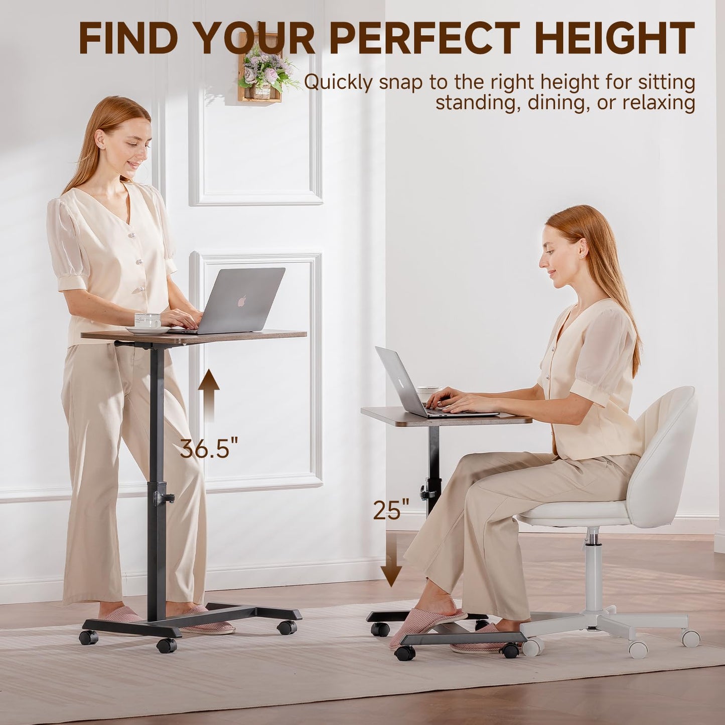 GTPLAYER Small Standing Desk, 24 Inches Foldable Mobile Rolling Laptop PC Table with Lockable Casters, Adjustable Height Overbed Bedside Table Computer Workstation for Home Office, Dark Brown-Foldable