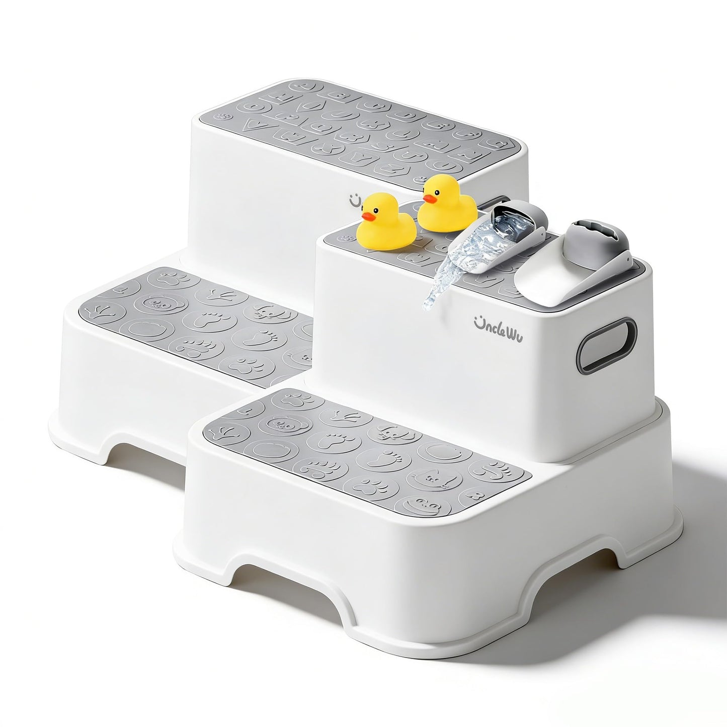2-Pack Step Stool for Kids – Non-Slip Toddler Step Stool for Bathroom Sink & Potty Training – Heavy Duty 200 lbs, Includes Faucet Extender & Duck Bath Toys (Gray White)