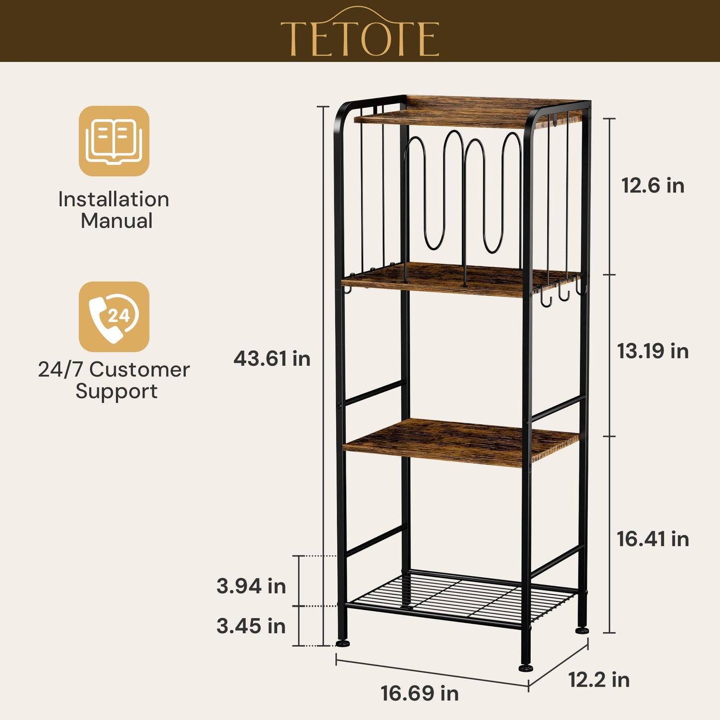 TETOTE 4-Tier Towel Rack, M-Shaped Detachable Dividers Towel Shelf with Hooks for Bathroom, Free Standing Pool Towel Holder Space-Saving Organizer, Rustic