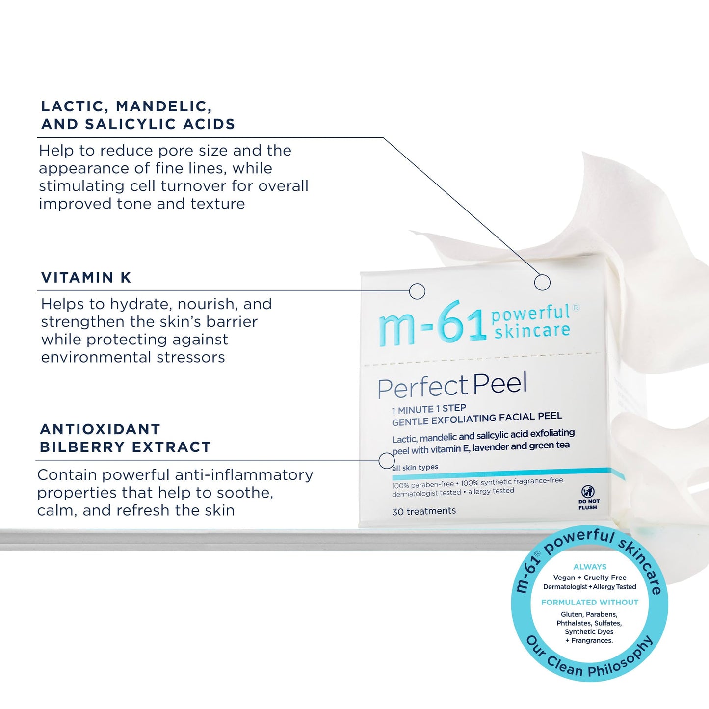M-61 Perfect Peel - 30 Treatments - Lactic, mandelic and salicylic acid exfoliating peel with vitamin E, lavender and green tea
