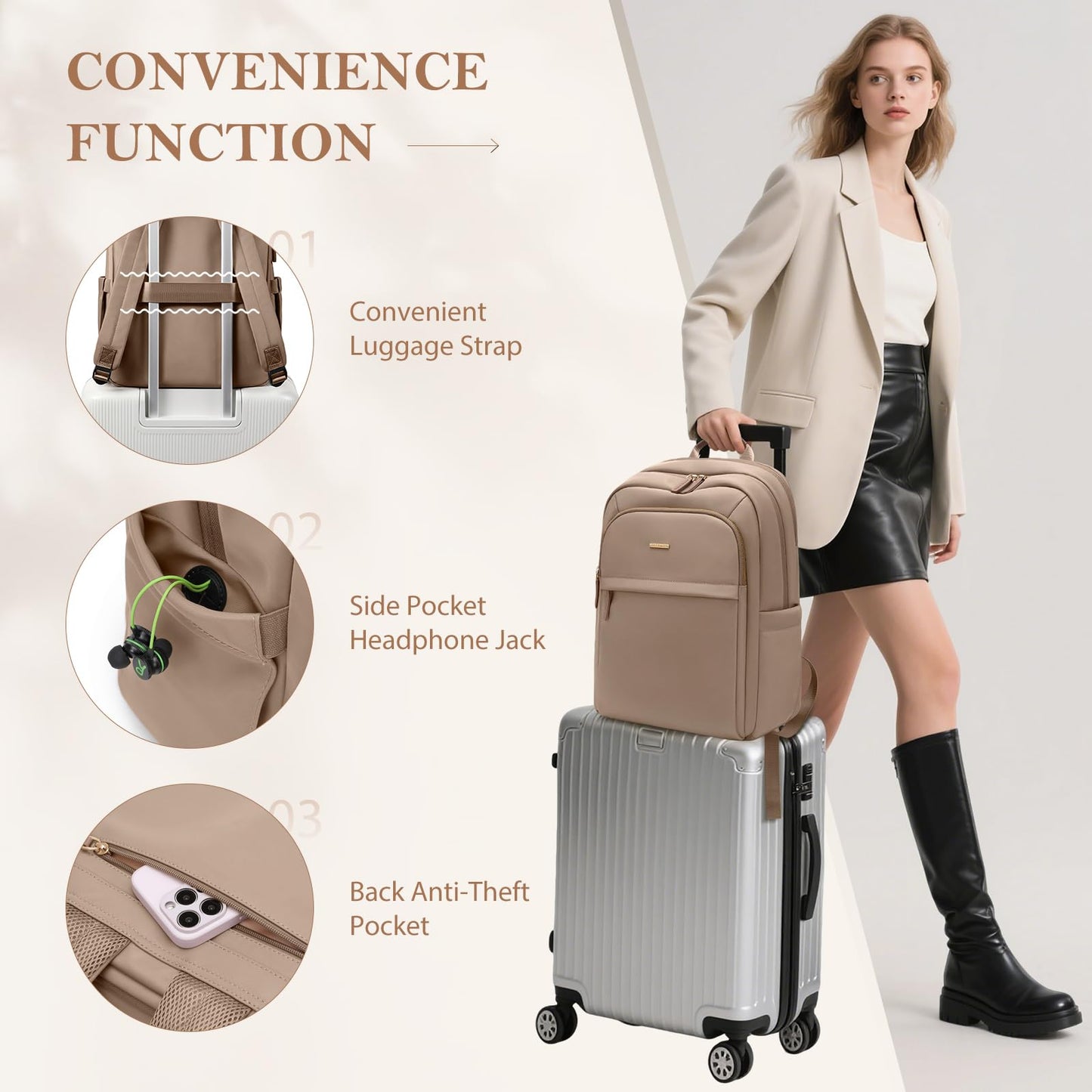 GOLF QUALITY Travel Backpack for Women Personal Carry On Bag Business Weekender Hiking Multilayer Laptop Bag,16 Inch,Champagne Brown