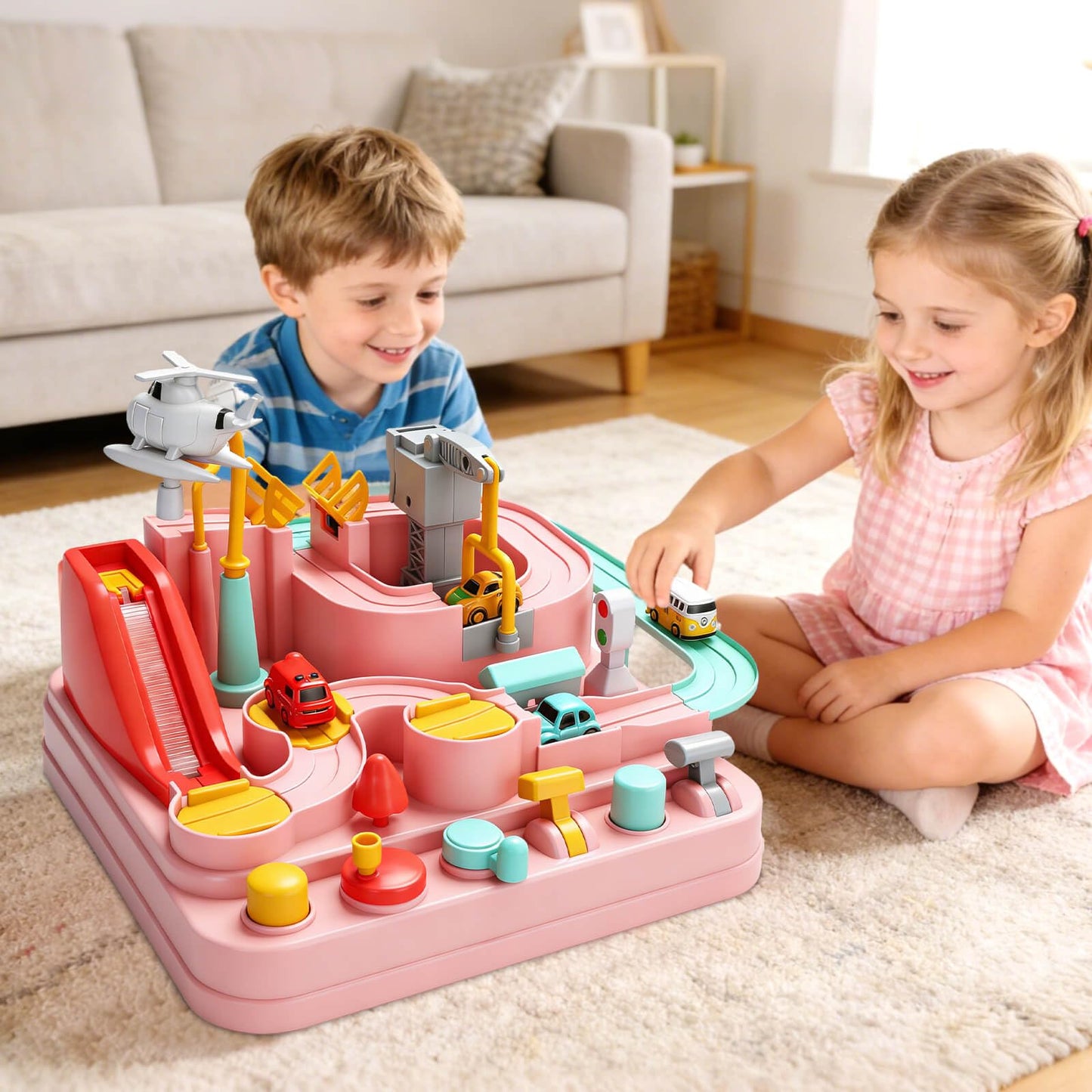 Gretex Car Race Track for Kids Ages 3-6: City Rescue Car Track Set with 4 Mini Cars and Helicopter, Preschool STEM Toy, Educational Obstacle Course Playset for Kids Ages 3-6, Birthday Gift for Girls