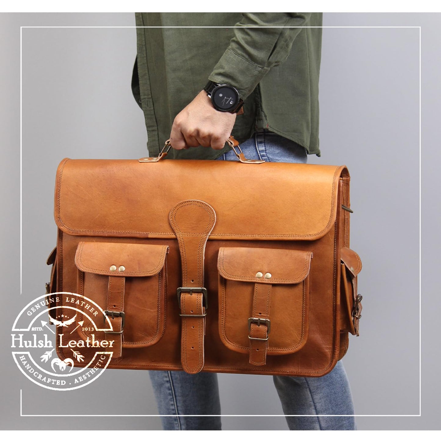 18 Inches Leather Laptop Bag for Men - Genuine Leather Briefcase, Vintage Look Messenger Bag (Tan)