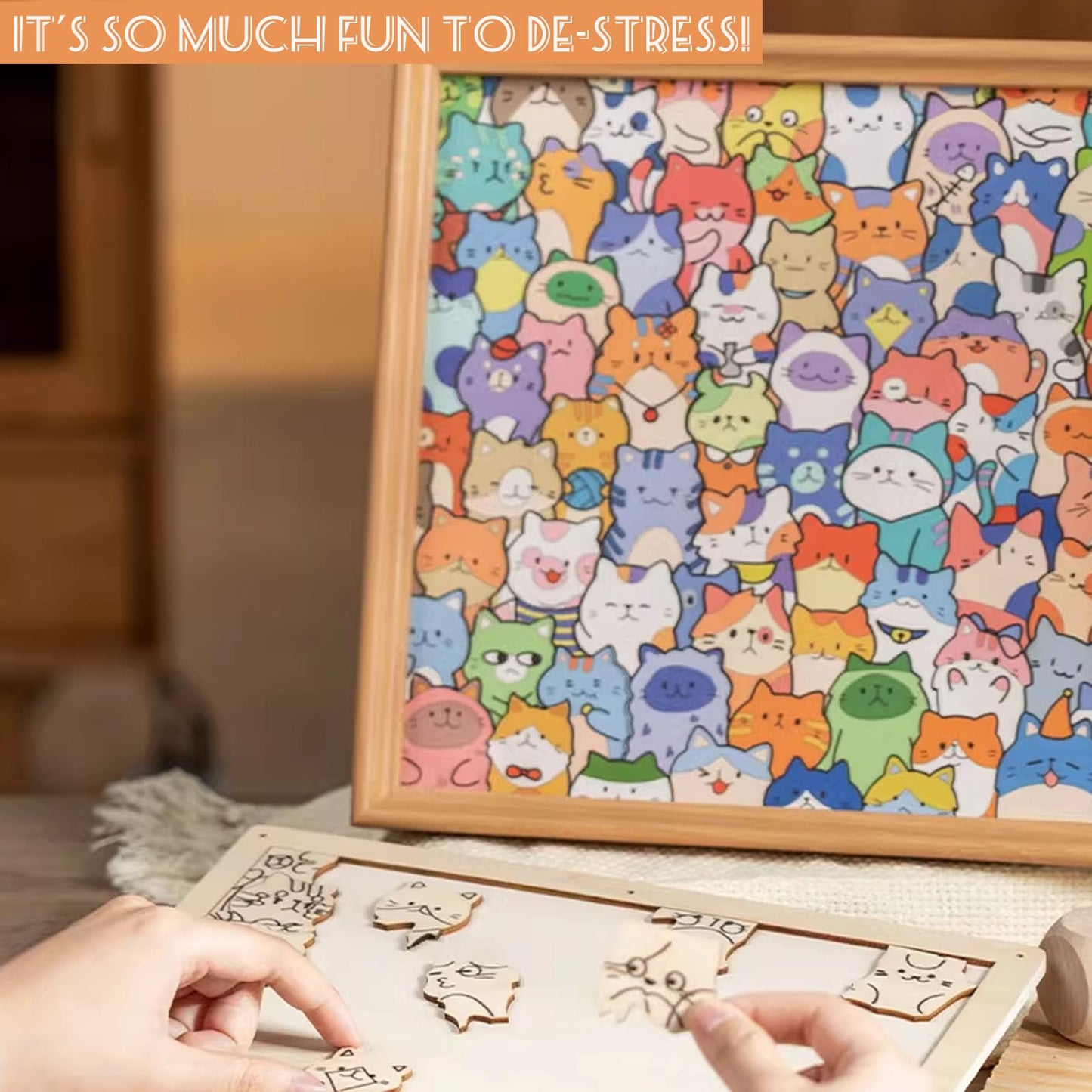 Little Kitties - Wooden Coloring Puzzle, Puzzle/Drawing/Assembly All in One, Wooden Cat Coloring Puzzle Frame, Natural Wood Grain, Equipped Marker Pen