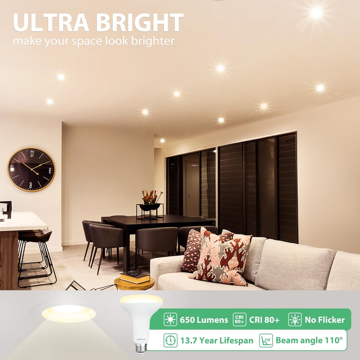 DEGNJU 12 Pack BR30 LED Recessed Light Bulb, Dimmable Indoor Flood Light Bulbs CRI80 7W Equivalent 65W 2700K Soft White 650 Lumens, 15000 Lifetime Hours E26 Base LED Can Light Bulb, Flicker-Free