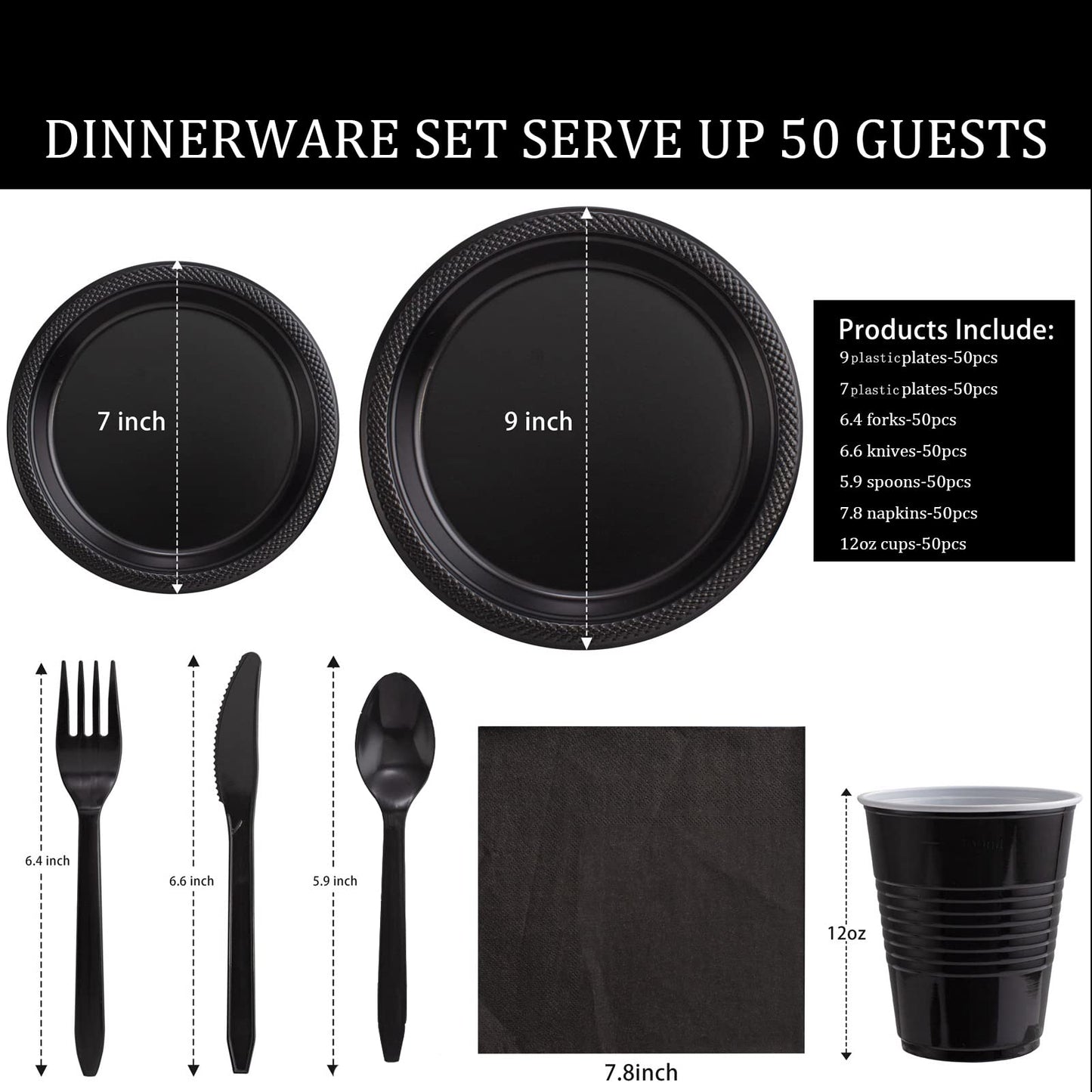 MirthMood 350PCS Black Disposable Plates, Black Party Supplies, Includes 50 Dinner Plates, 50 Salad Plates, 50 Silverware, 50 Napkins and 50 12OZ Cups.