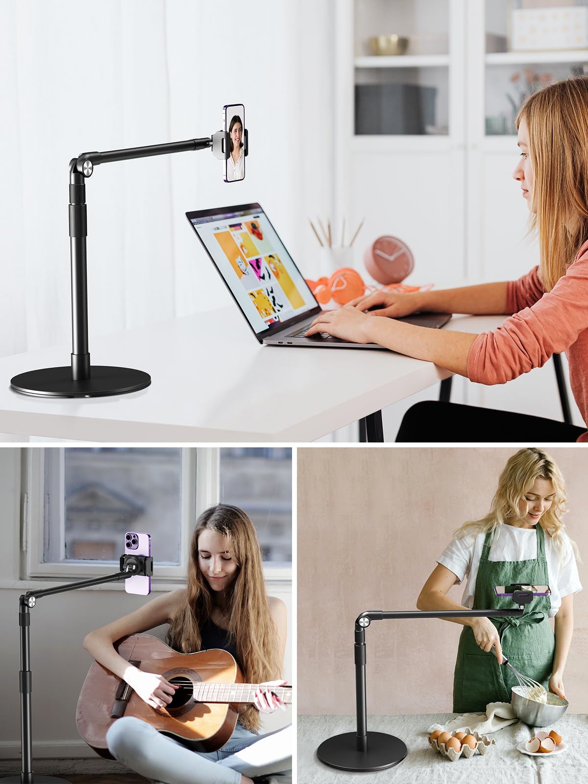 elitehood Heavy Duty Aluminum Overhead Phone Stand, 15 in Long Arm iPhone Holder for Video Recording, 360 Degrees Swivel Tilt Overhead Phone Mount for Filming, Meeting, Cooking, Painting and Crafting