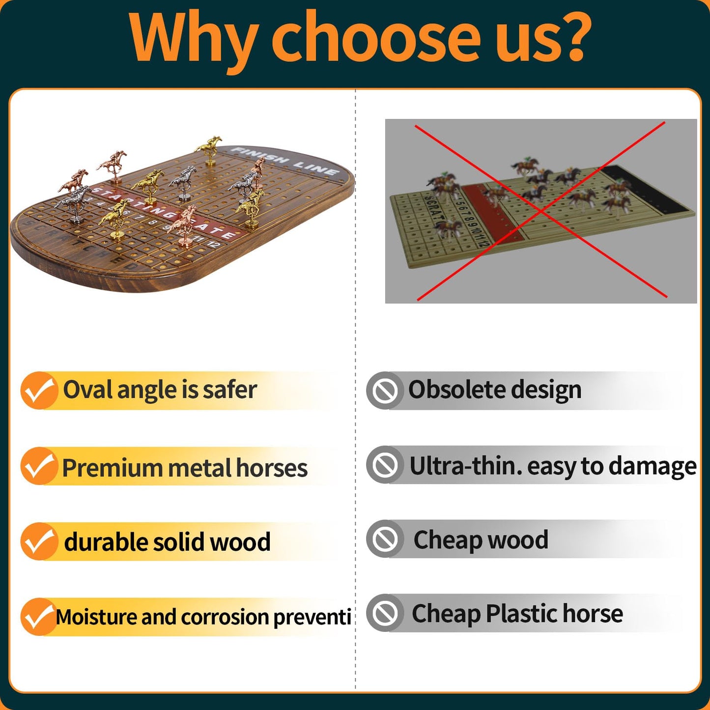 Jyquorp Horse Race Board Game Racing Game Solid Wood with 11 Luxurious Durable Classic Metal Horses with 4 Dice and 2 Boxes of Cards Finish Line Horse Racing Game (Rustic Brown)