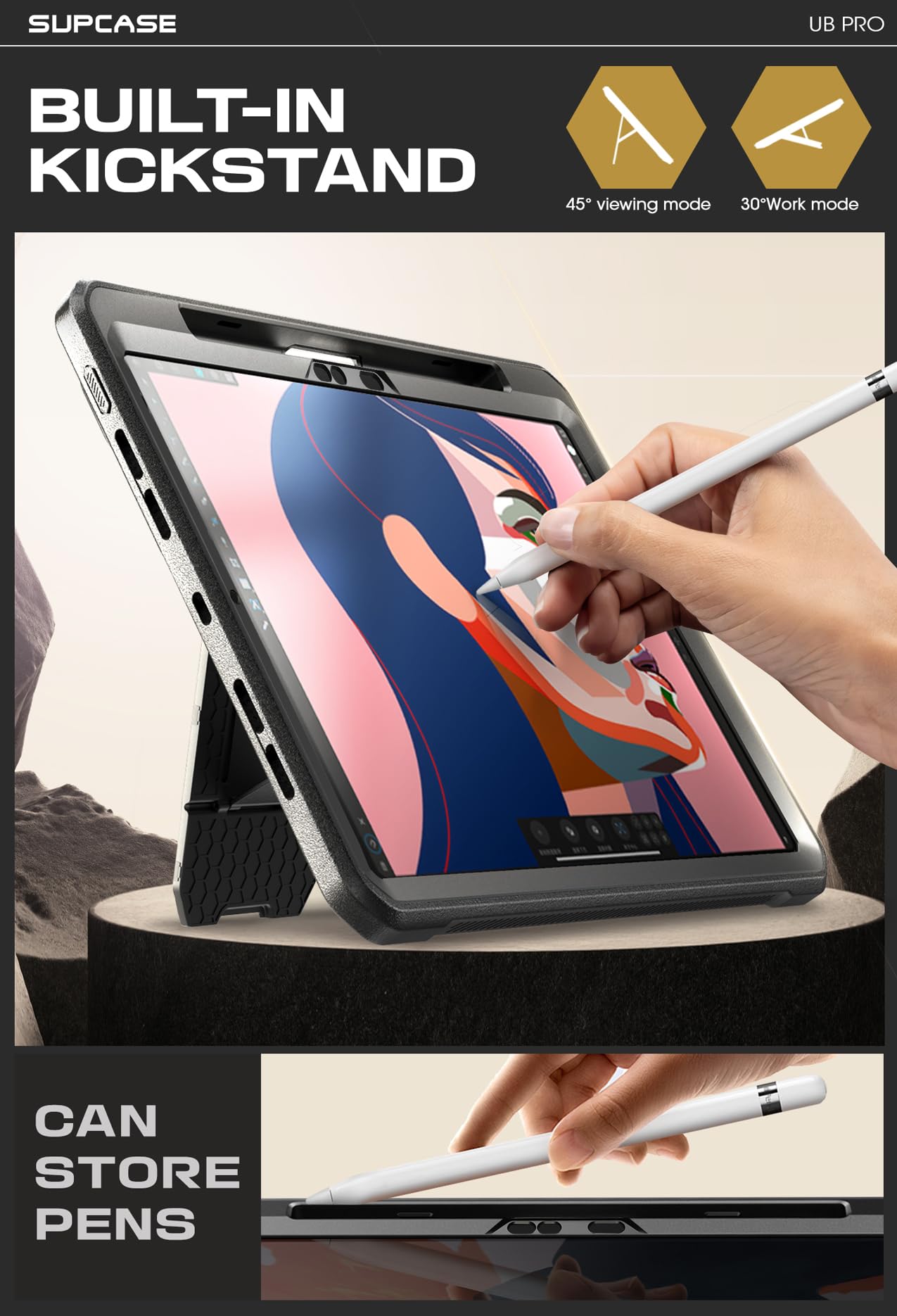 SUPCASE for iPad Pro 13 Inch Case M4 2024 7th Generation with Pencil Holder (Unicorn Beetle Pro), [Built-in Screen Protector & Stand] Full-Body Rugged Cover for iPad Pro 13 Inch M4 2024 7th Gen, Black