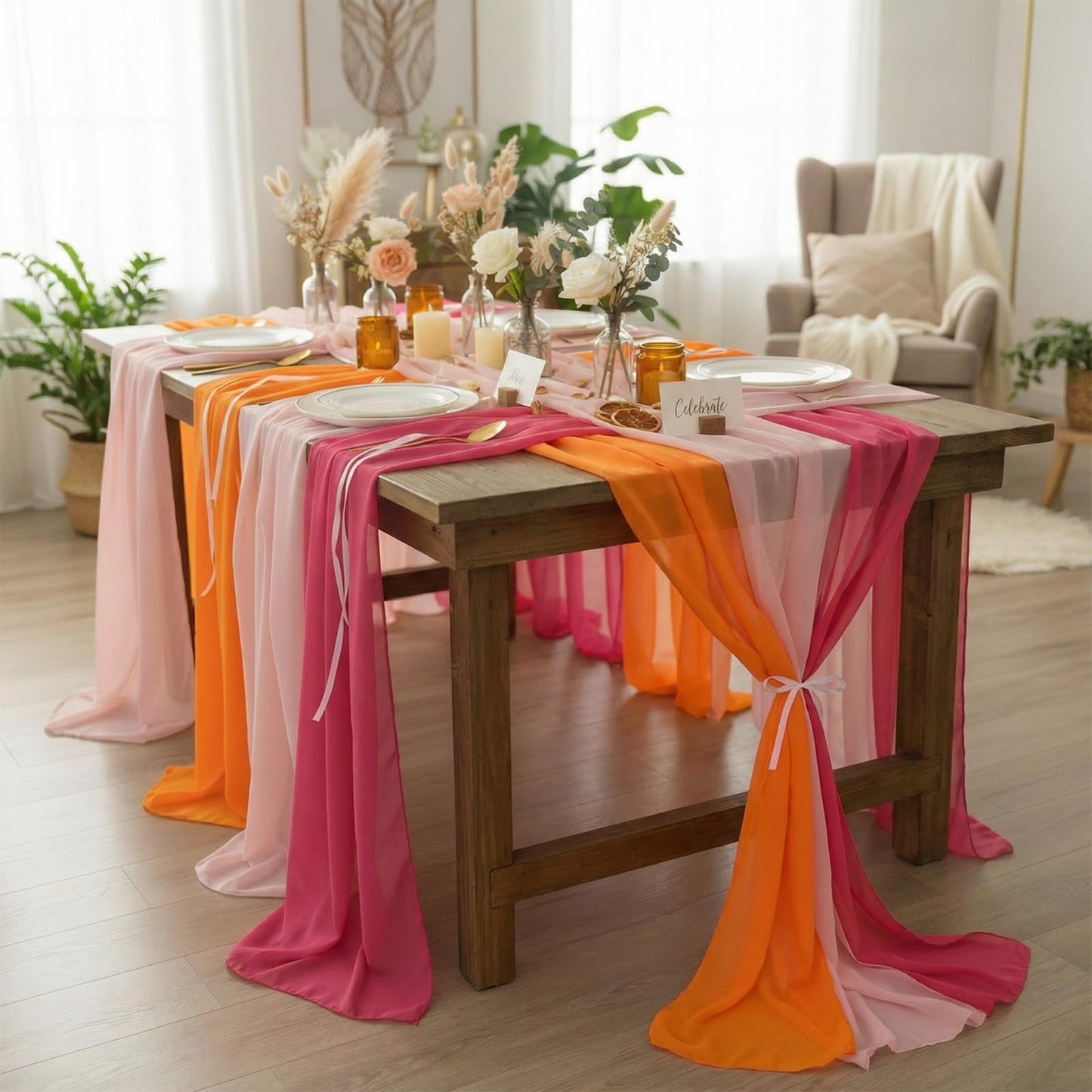 Boao 12 Pcs Red Pink Orange Party Decorations Table Runner Cloth 10Ft Boho Sheer Rustic Fabric Sunset Soiree Party Decorations for Wedding Birthday Baby Bridal Shower Graduation Dawn Sunset Decor
