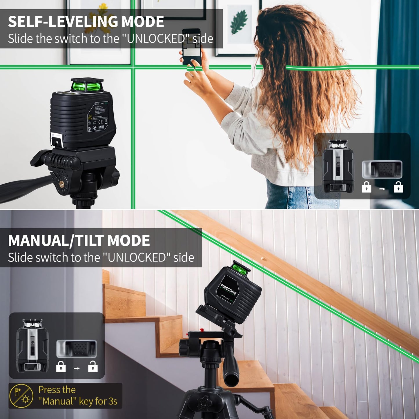 Firecore 360° Laser Level with Tripod, 100Ft Self Leveling Laser Level Green Cross Line Laser Leveler Tool for Picture Hanging Wall Tile Floor Construction, 60" Compact Tripod & Carry Pouch Included