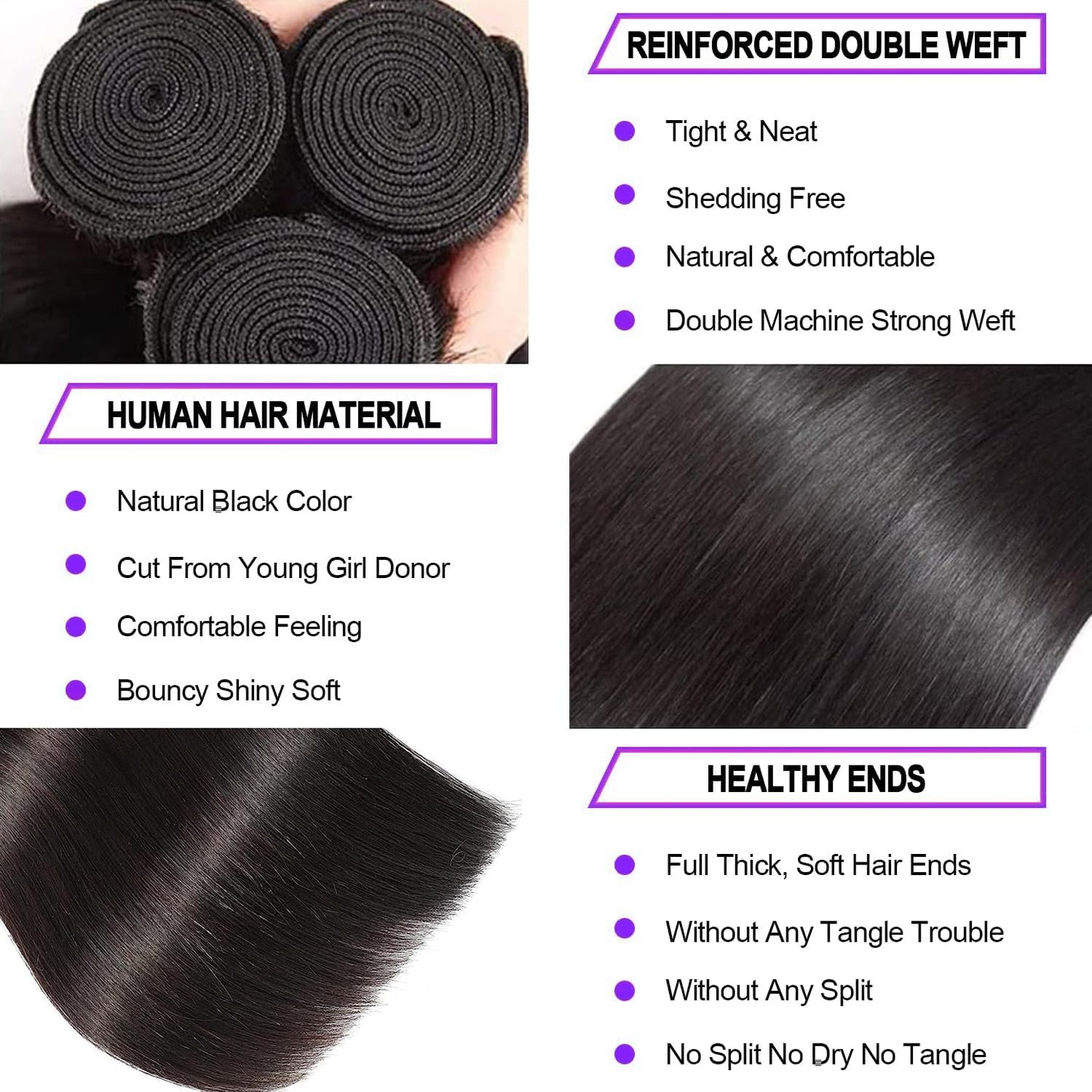 12A Human Hair Bundles 14 16 18 Inch Straight Bundles Human Hair 100% Unprocessed Brazilian Virgin Hair Natural Color Straight Hair Extensions for Women