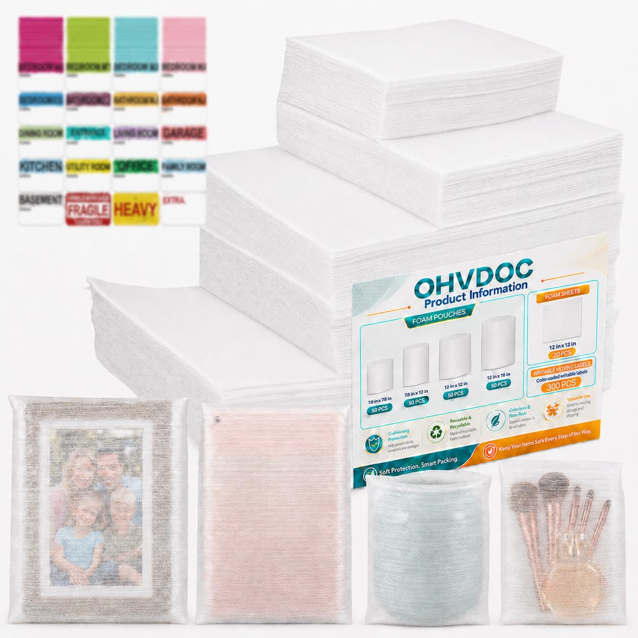 OHVDOC 570-Piece Foam Packing Supplies Kit for Moving,270 Cushion Foam Pouches & Sheets in 4 Sizes | 300 Writable Moving Labels for Glassware, Shipping & Storage