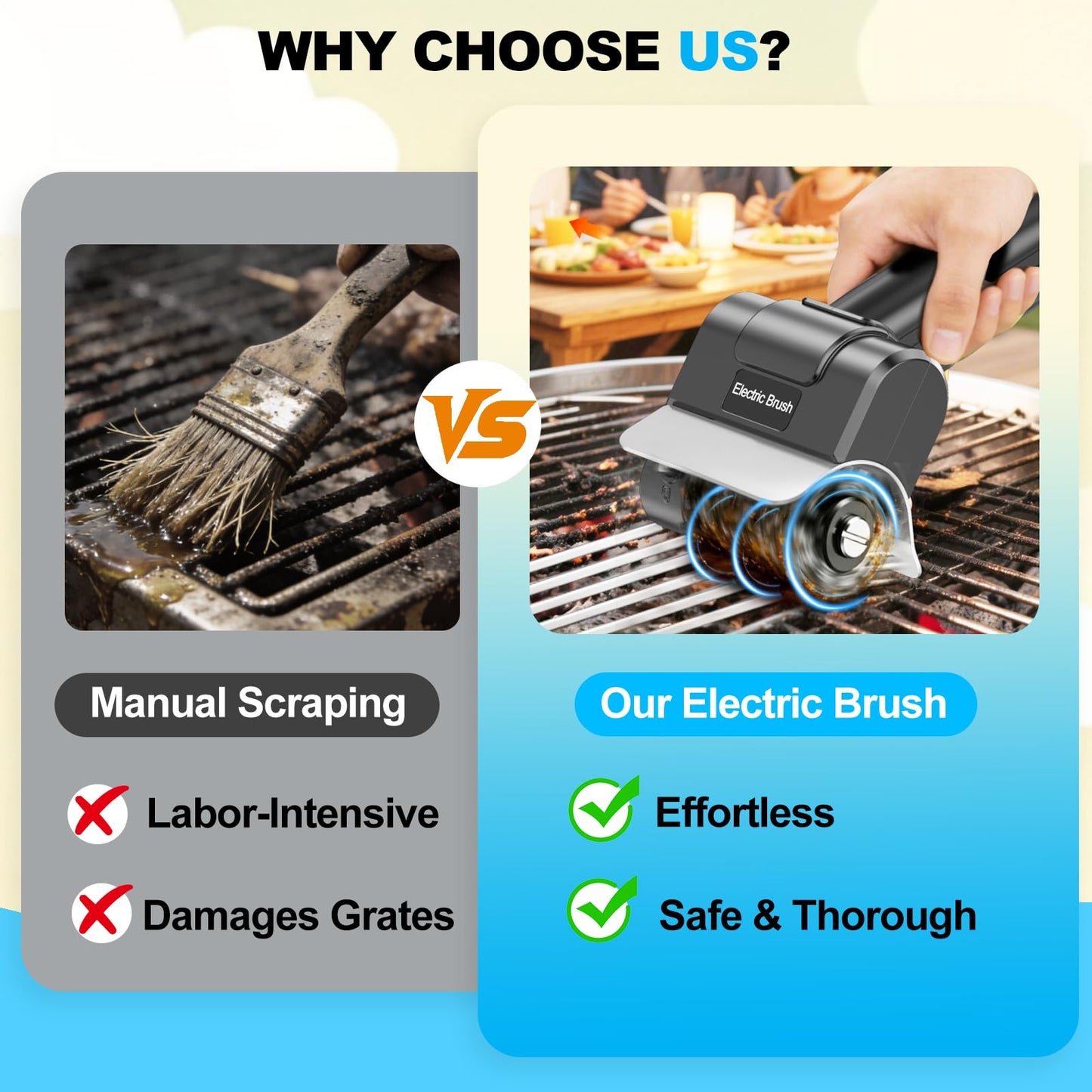 YEBLEM Electric Grill Brush with Dual Safety Lock - Ideal Gift for Men Dad Husband, Professional BBQ Cleaner with Submersible 304 SS Head, Splash-Proof Scrubber for Outdoor Grill (Blue Button)