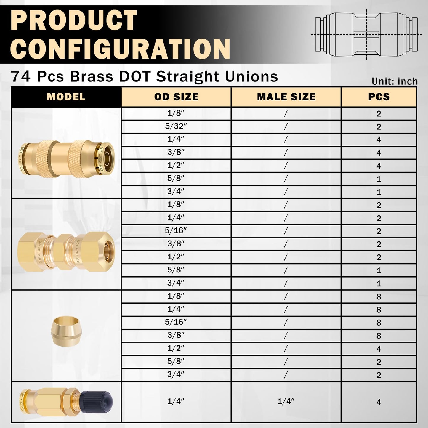 CheeMuii 74 PCS Brass DOT Air Line Fittings Kit DOT Push Lock and Compression Air Fittings Pure Brass Quick Connect Straight Union 1/8" 5/32" 1/4" 3/8" 1/2" 5/8" 3/4" Air Hose Fittings Assortment