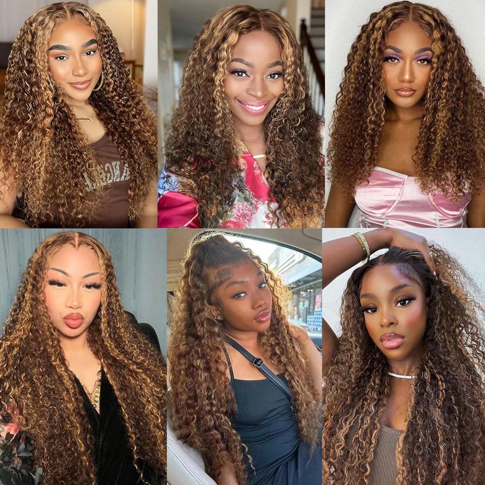 ZHUO JIA 13x4 Highlight Ombre Deep wave Lace Front Wigs Human Hair for Black Women P4/27 Colored HD Transparent Honey Blonde Curly Lace Frontal Wigs Pre Plucked 180 Density with Baby Hair 28inch