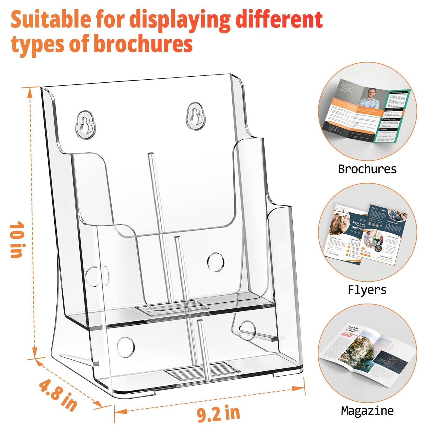FUCDTEFC 2 Pack Acrylic Brochure Holder 8.5x11 & 4 x9 Inches, Clear 2 Tier Literature Magazine Stand Brochure Display Stand w Removable Divider Universal, Flyer Holder for Wall Mount or Countertop