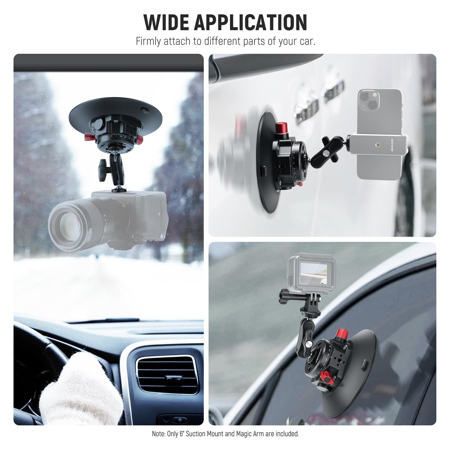 NEEWER 6"/15.2cm Camera Suction Cup Mount with Ball Head Magic Arm, Metal Suction Cup Mount on Car Windshield Dash for Camera/Action Camera/Phone Holder, with 1/4" & 3/8" Mounting Holes for ARRI