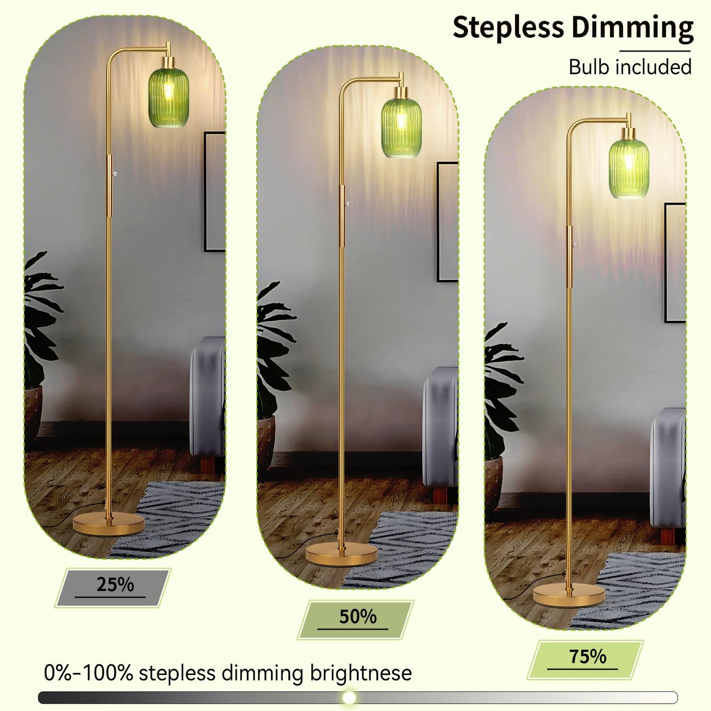 Ruiever Glass Floor Lamp for Living Room, Dimmer Standing Lamp with Green Ribbed Lampshade,66” Tall Lamp & Gold Floor Lamp for Bedroom Study Room,Brushed Gold (Green)