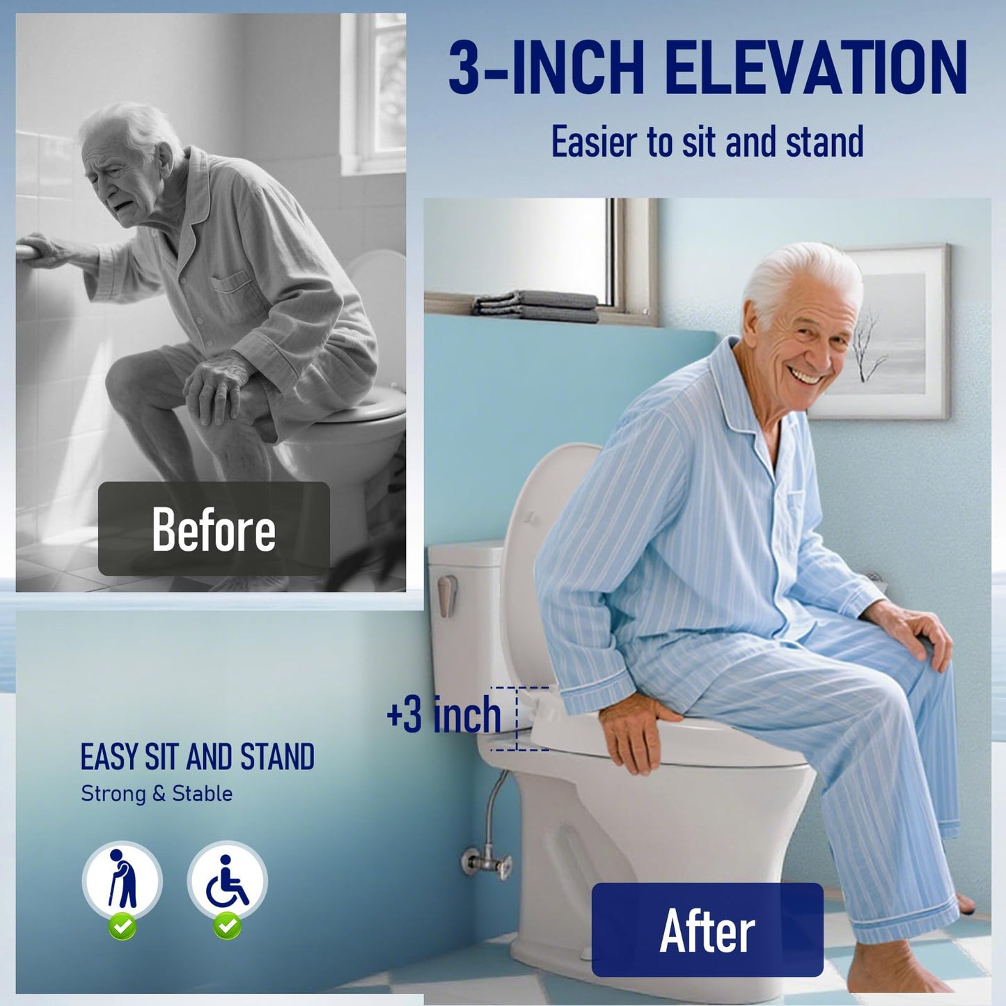 Raised Toilet Seat 3 Inch for Standard Elongated Toilets 18–19 Inch Bowl Length, Not Compatible with Round or One-Piece Toilets, Slow-Close Lid, Non-Slip Stable Design, 772 lb Capacity