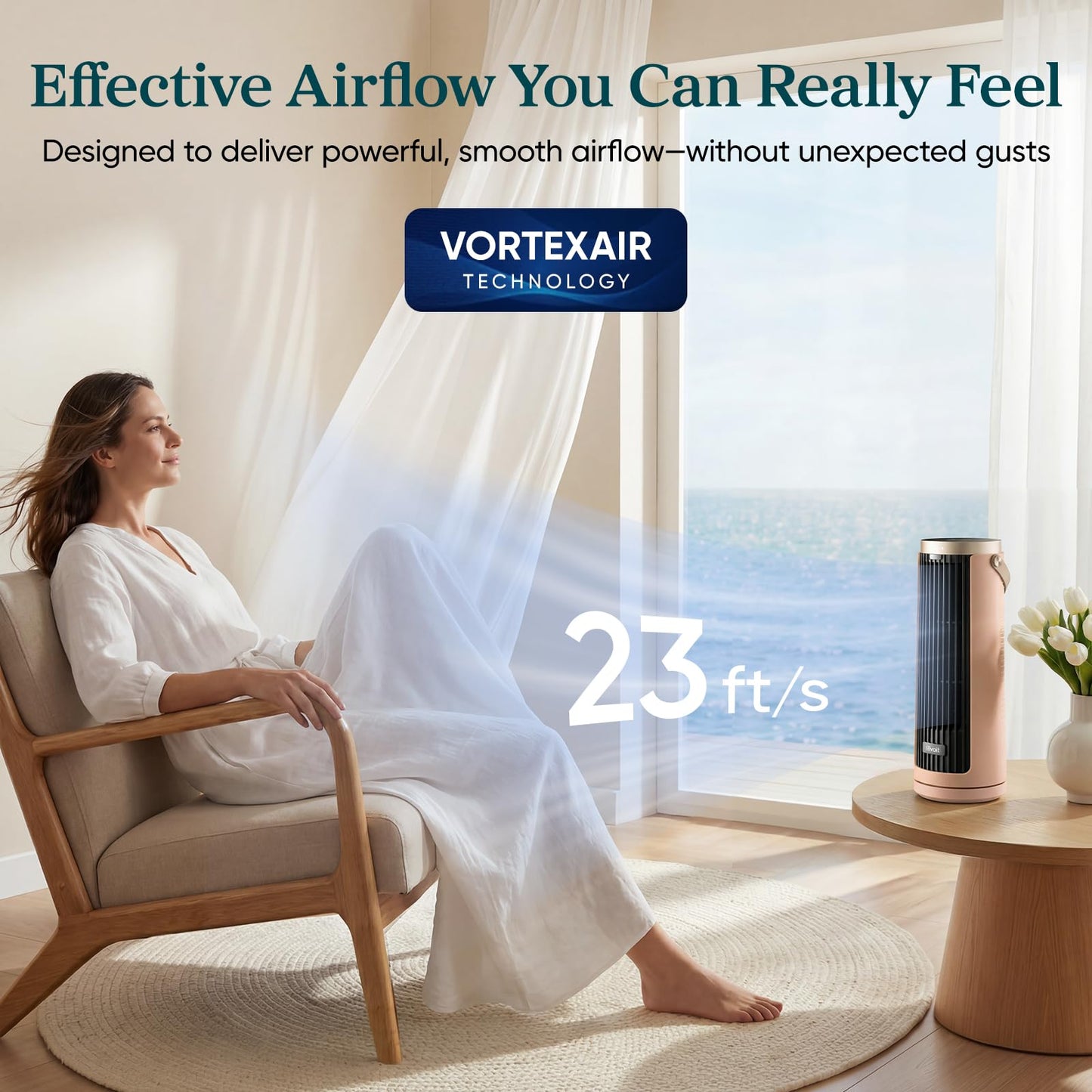 LEVOIT Tower Fan for Bedroom, 20dB Quiet Desk Fan with 23ft/s, Portable & Easy to Carry, 3-Angle & 5-Speed Mini Oscillating Fan, DC Motor, Bladeless, Remoter, 12H Timer, for Home, Room, Office, Clay