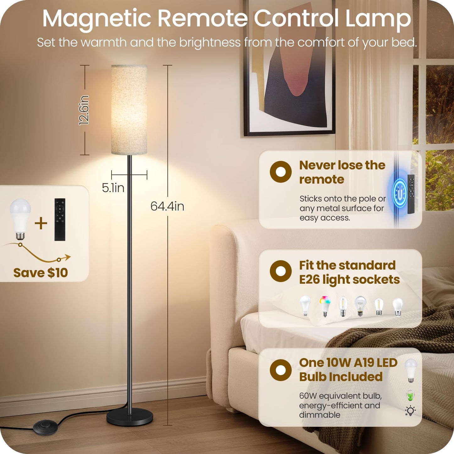 Set of 2 Slim Floor Lamps for Living Room with 2 Magnetic Remotes and Foot Switch, Dimmable Standing Lamp Mood for Bedroom Nursery, 3 Color Temperatures, 1-Hour Timer, 900LM Bulb Included, Beige Shade