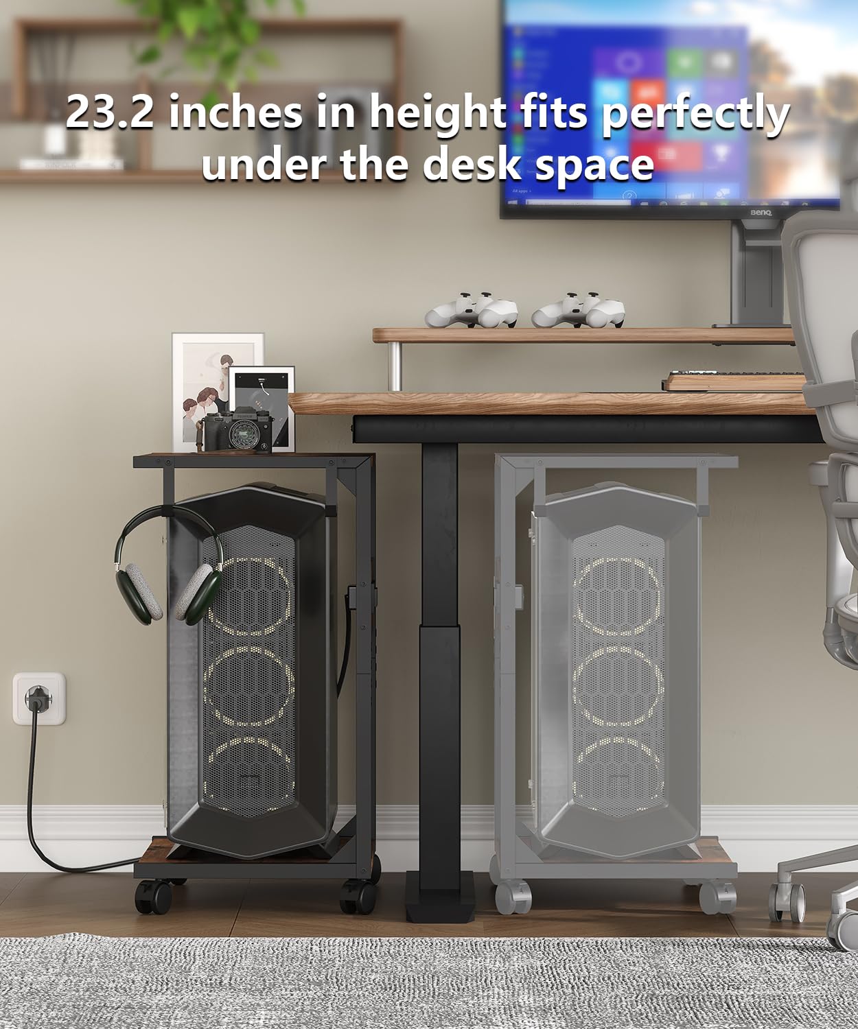 Akxomel 2 Tier Computer Tower Stand with Charging Station, 11.8" D x 16.5" W Rolling Floor PC Tower Stand Fits Under Desk, CPU Holder Cart for Carpet with Hooks, C Shaped End Table for Home Office