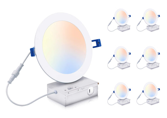 CLOUDY BAY 6 inch 3000K/ 4000K/ 5000K Selectable,Dimmable Recessed Lighting 15W CRI90+,Ultra Thin LED Recessed Light with Junction Box,IC Rated, Canless Wafer Downlight, Damp Location, White, 6 Pack