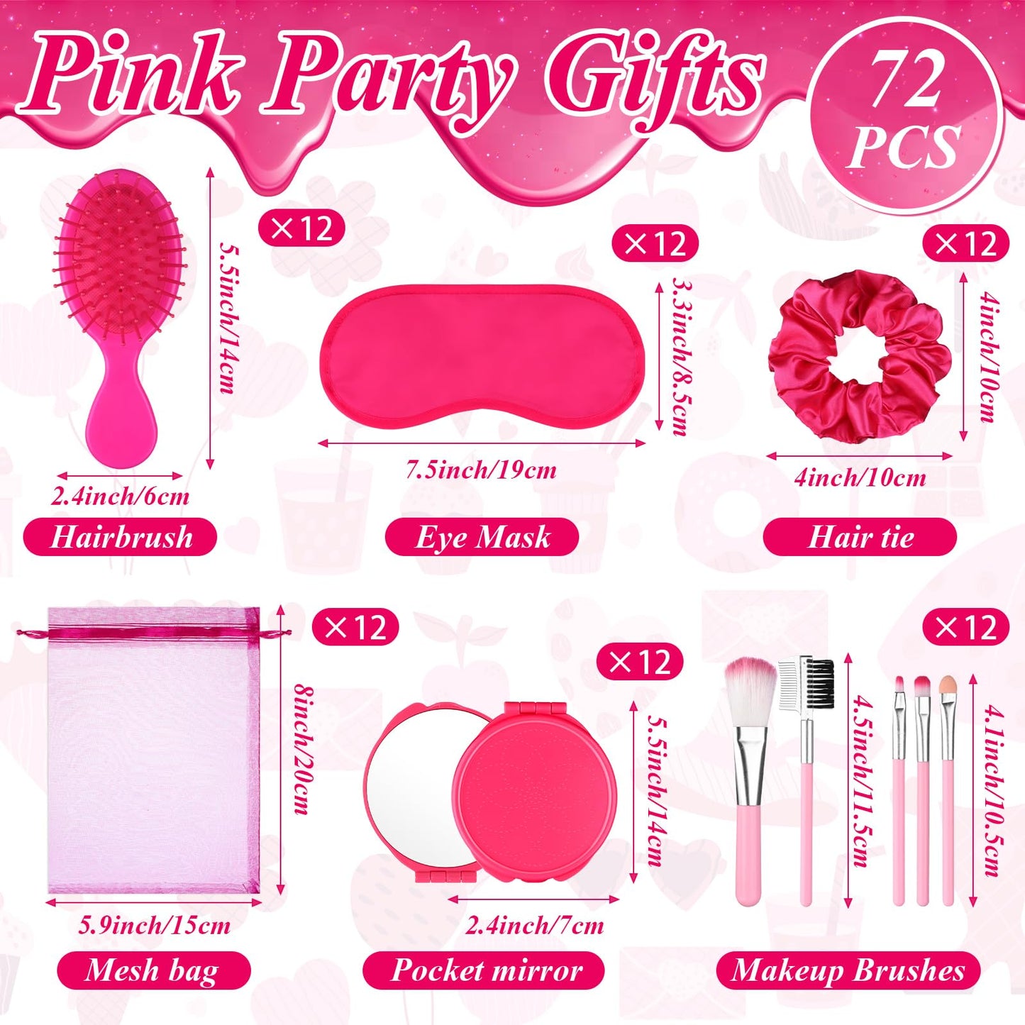 72 PCS Pink Girl Party Favors Kids Makeup Party Supplies Includes Pink Hair Brush Elastic Pink Scrunchies Foldable Cosmetic Mirror Makeup Brushes Eye Mask Organza Bags for Girls Women