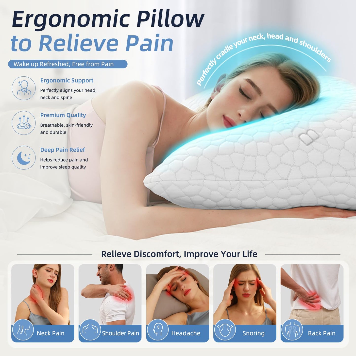Yettbea Shredded Memory Foam Cooling Pillows Queen Size Set of 2, Supportive Firm Bamboo Bed Pillows- Adjustable Loft with Zippered Cover for Hot, Side, Back, Stomach Sleeper