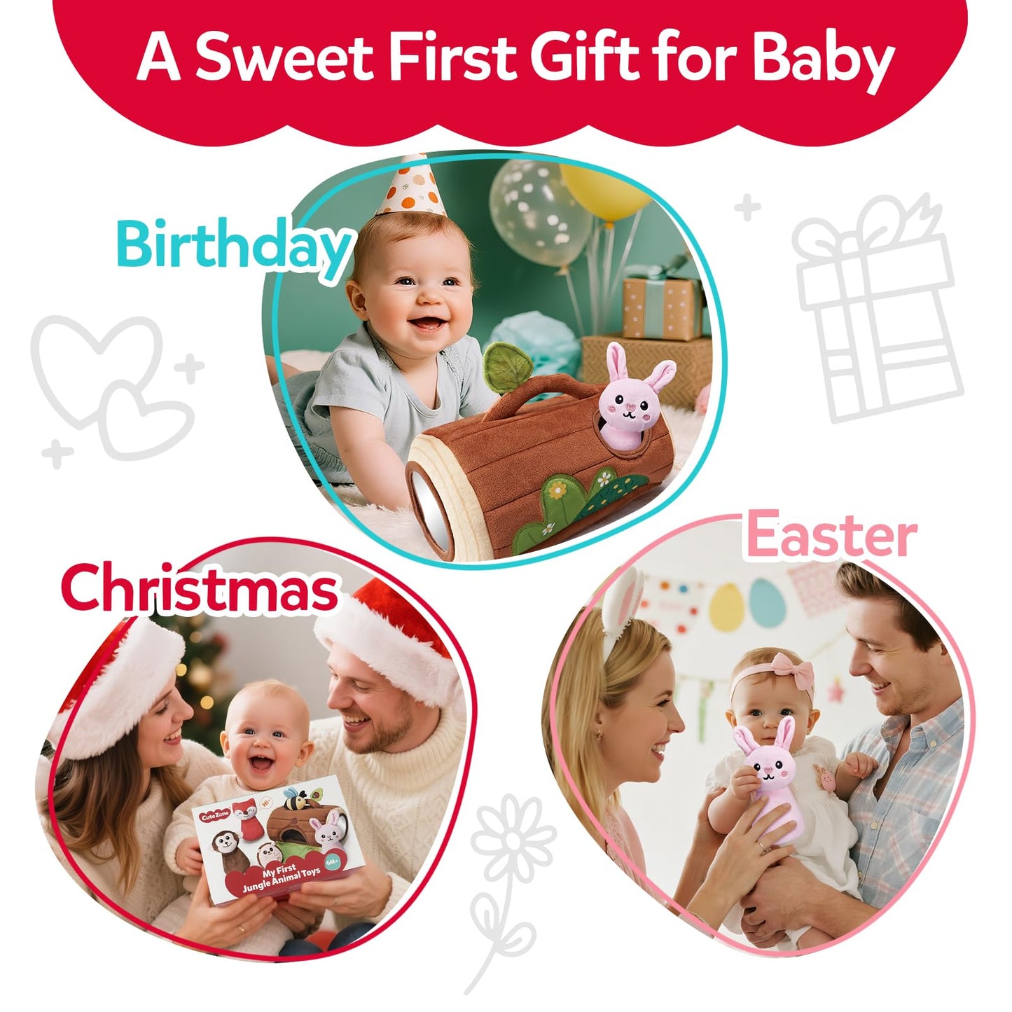 CuteZone Baby Toys 6-12 Months, Stuffed Animals for Babies, Soft Plush Forest Sensory Toy Set with Rattle, Crinkle, Mirror and Tree Stump Storage, Cause and Effect Baby Toy