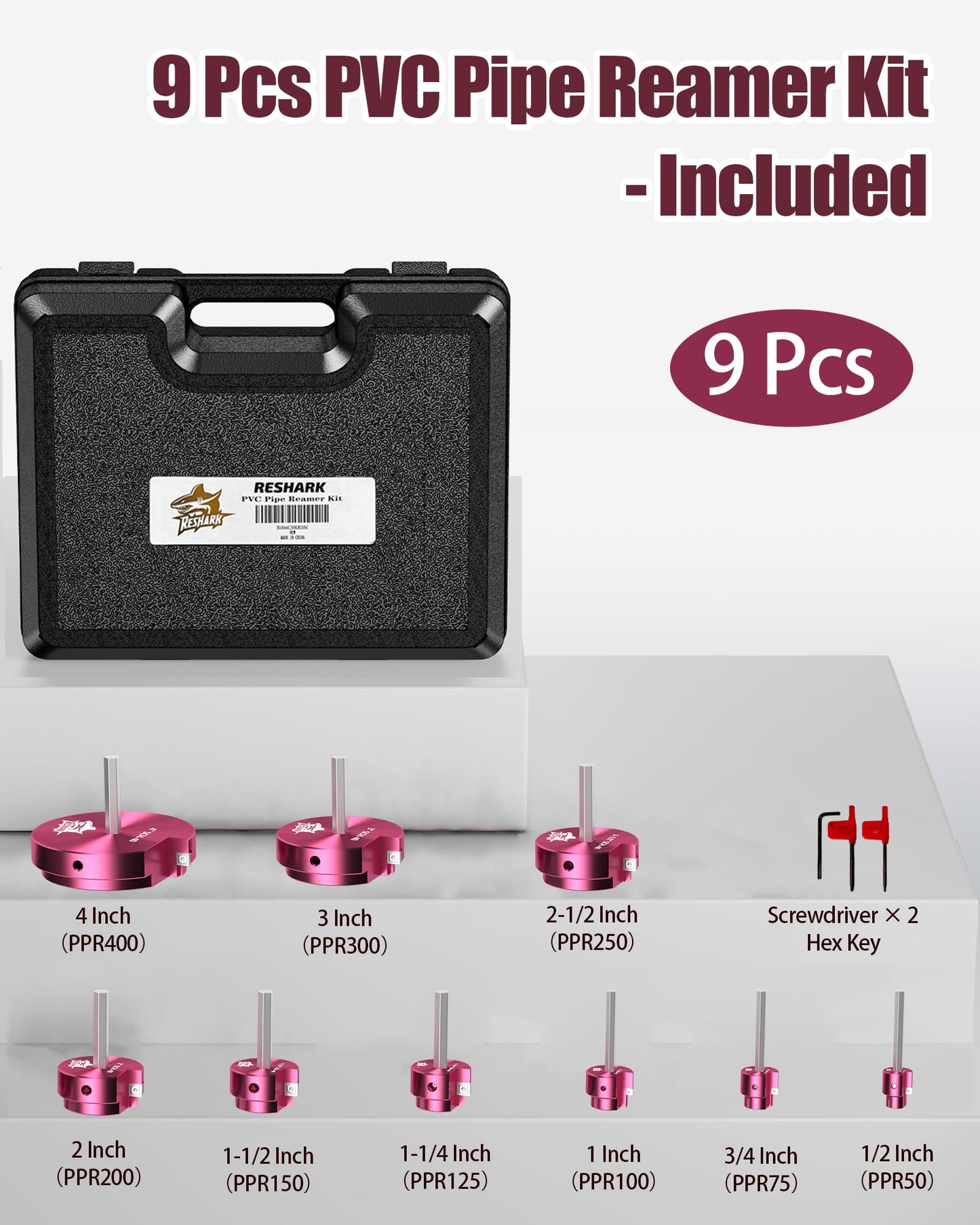 9 Pcs PVC Pipe Reamer Kit, PVC Fitting Saver, Plastic Pipe Fitting Reamer Socket Saver Plumbing Tool Includes 1/2, 3/4, 1, 1 1/4, 1 1/2, 2, 2 1/2, 3, 4 inch for Schedule 40 Fits Standard 1/2" Drill