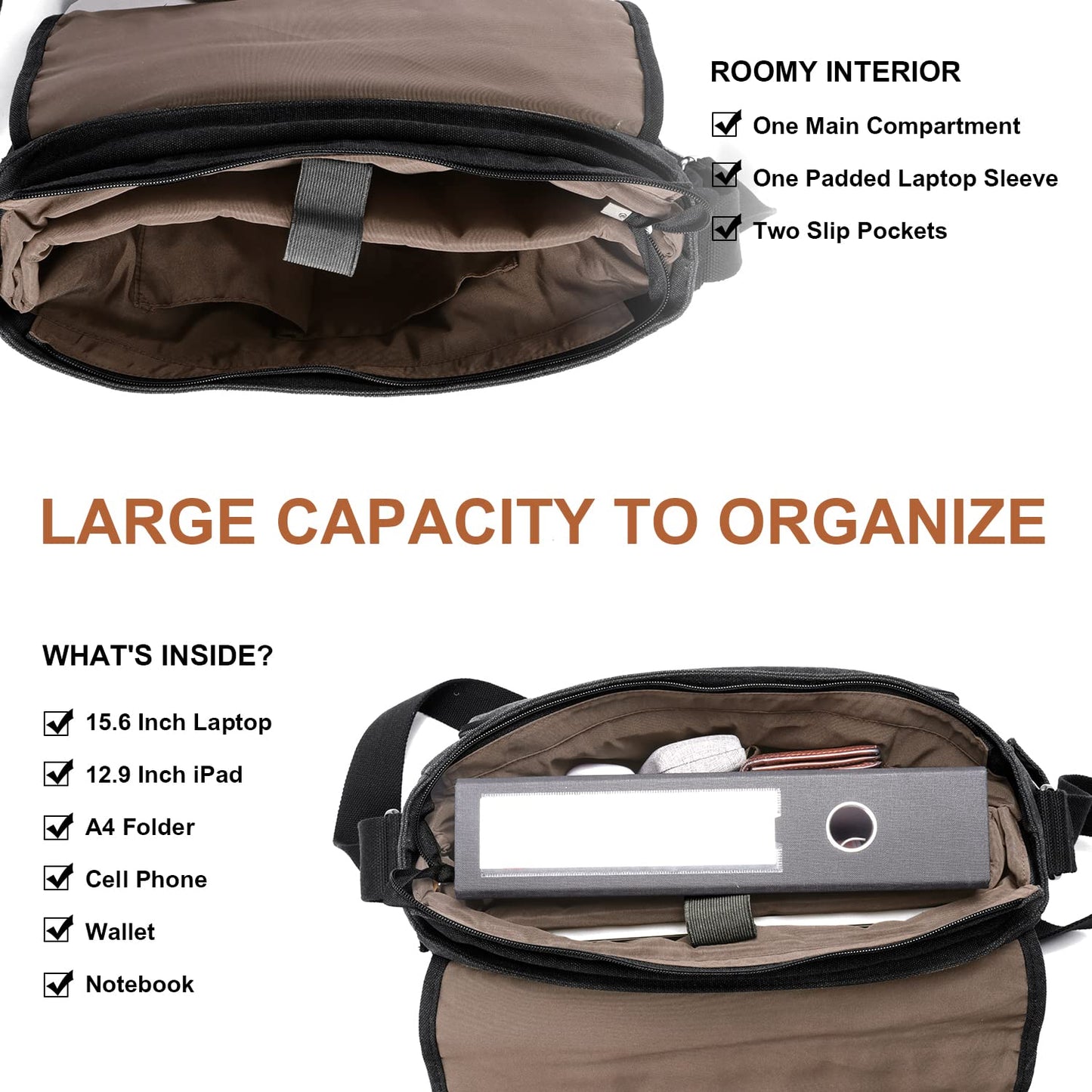 ESTARER Men Messenger Bag 15.6 inch, Water-resistant Canvas Computer Bag Work Bag, Laptop Shoulder Bag Briefcase Satchel, Dark Grey