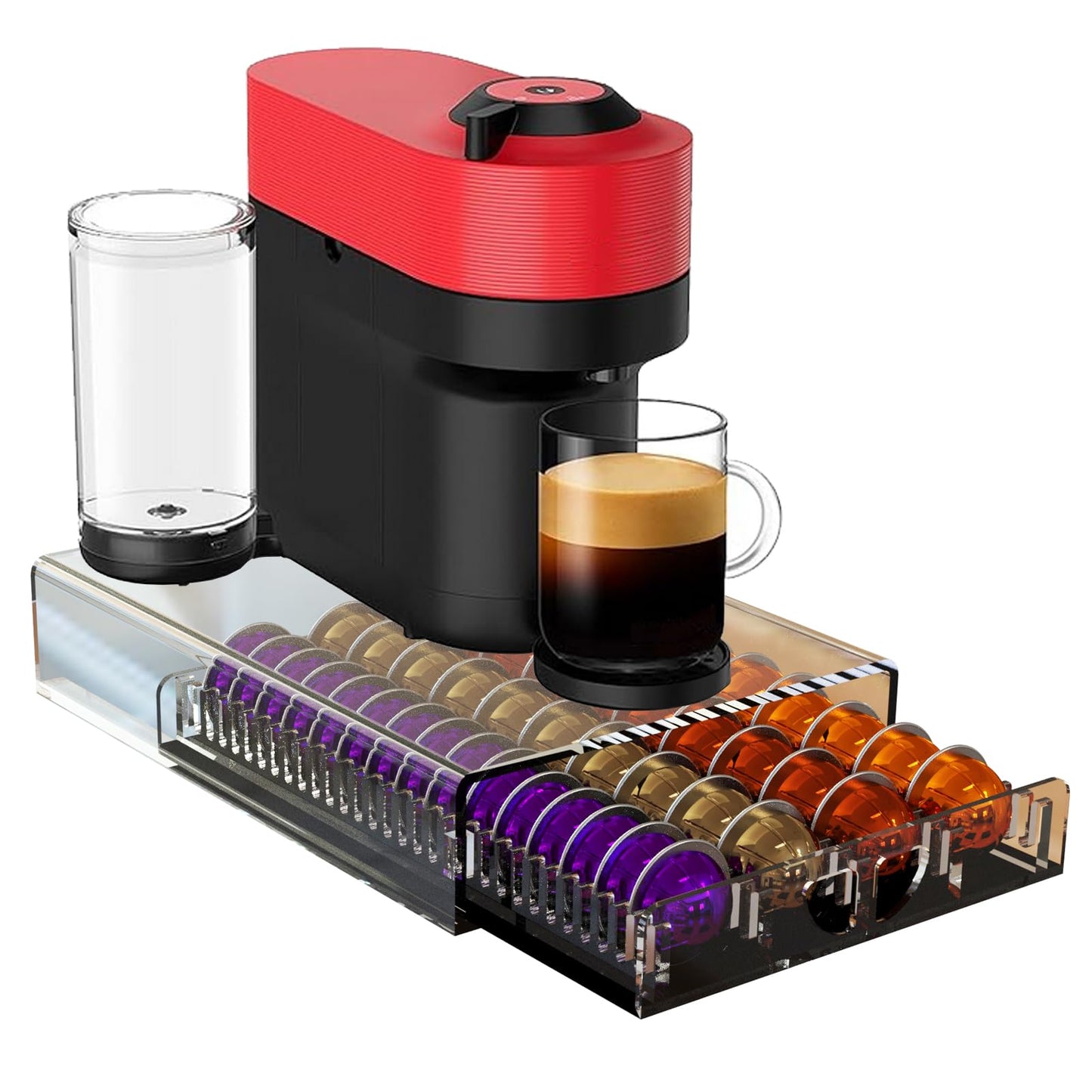 Coffee Pod Drawer Organizer for Nespresso Vertuo Pods,Acrylic Coffee Pod Holder Holds 40 Large or 60 Small Capsules or 28 K-Cups,Pull-Out Drawer with Anti-Slip Base for Home & Office,Matte Black