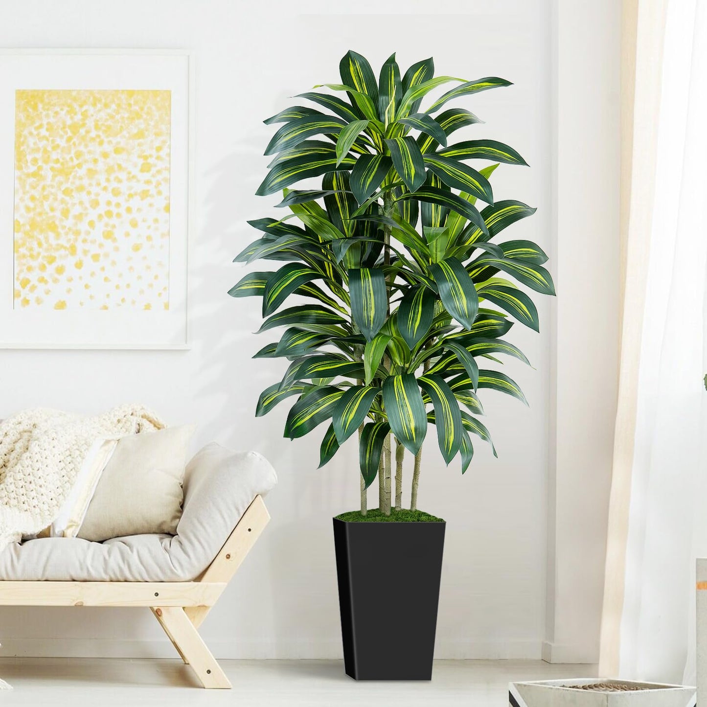 Keeplush 5FT Artificial Dracaena Tree - High-Density Foliage Fake Plant with Black Tall Planter - Faux Yucca Floor Plant for Home Office Decor Indoor