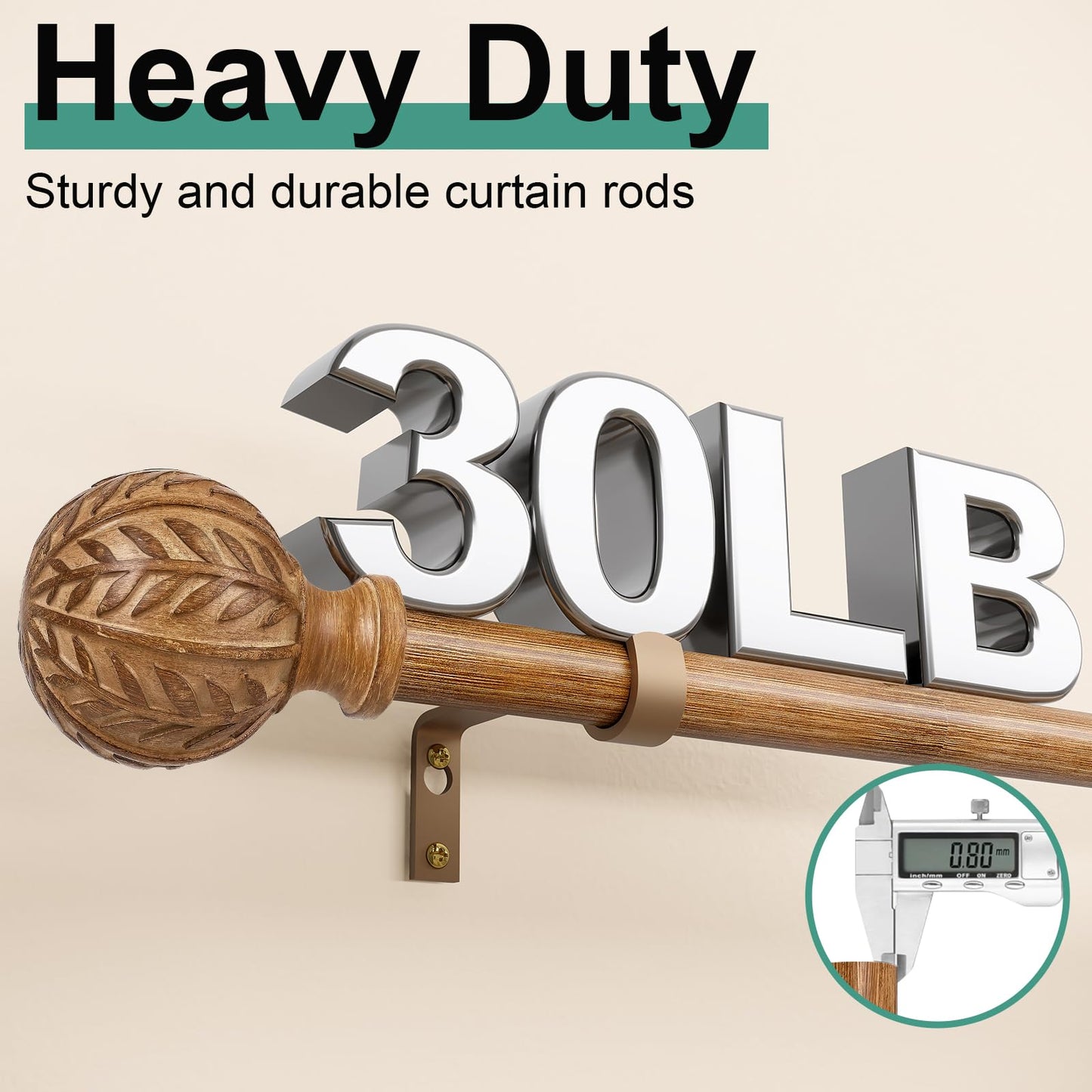 QDWIS Wood Curtain Rods for Windows 66 to 120 Inch, 1'' Adjustable Decorative Drapery Rods with Imitation Wood Grain Leaf Pattern Finials, Boho Heavy Duty Long Window Curtain Rods Set 36''-120''