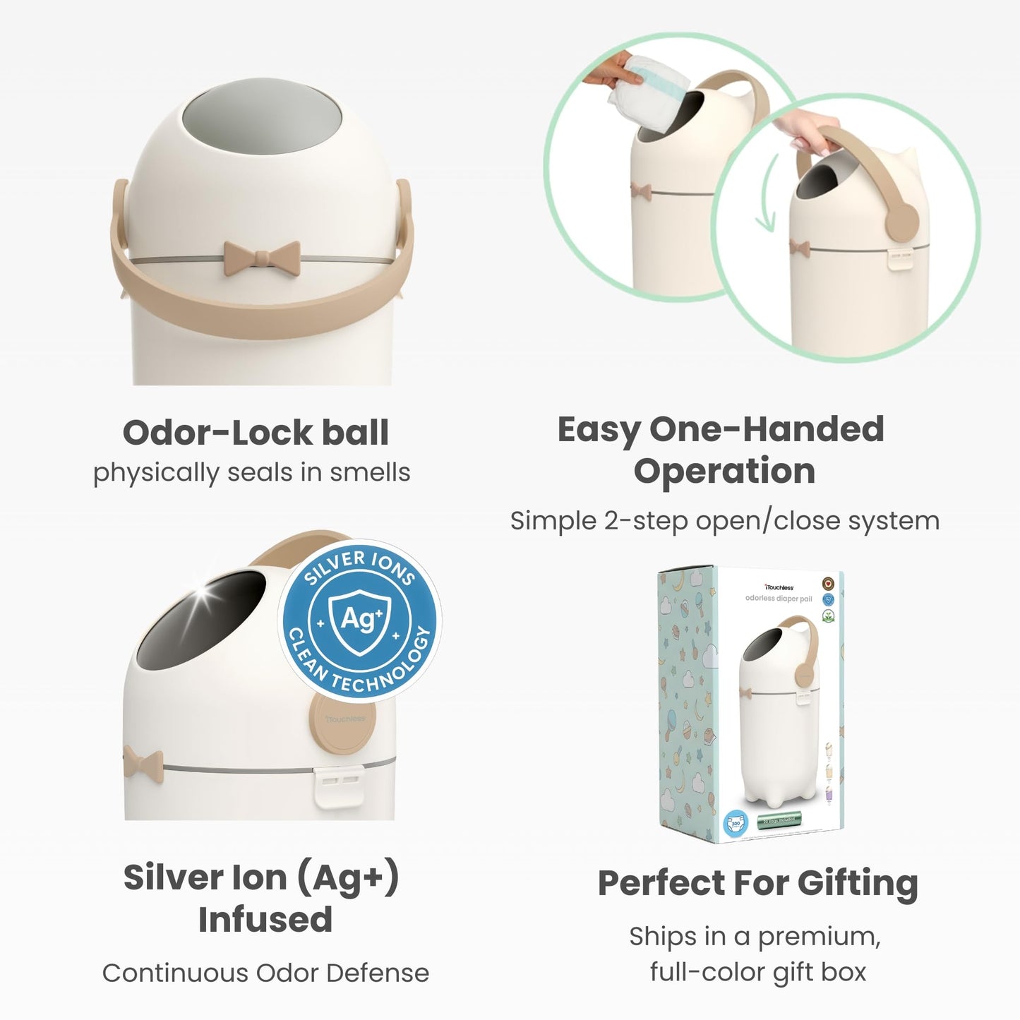 iTouchless Odor-Locking Diaper Pail - 2026 Award-Winning Ag+ Silver Ion Nursery Bin - Fits Any Bag, No Refills Needed - Includes 20 Leak-Proof Bags (Hold 300 Diapers) - Boho White Baby Registry Gift