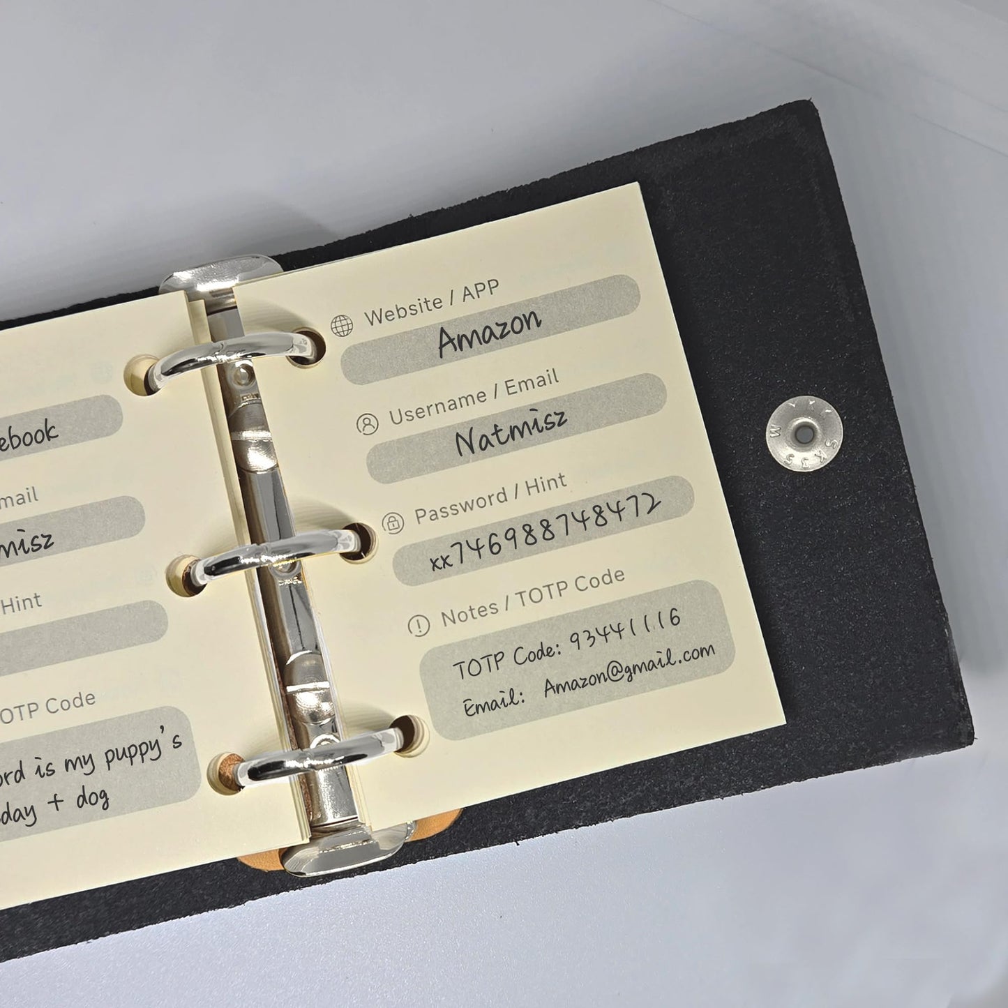 Natmisz: Password Book, A9 Size Leather Binder Password Keeper, 50 Pages Password Notebook Organizer Computer and Internet Address Website Login, Gifts for Home and Office (Black Cover, Silver Rings)