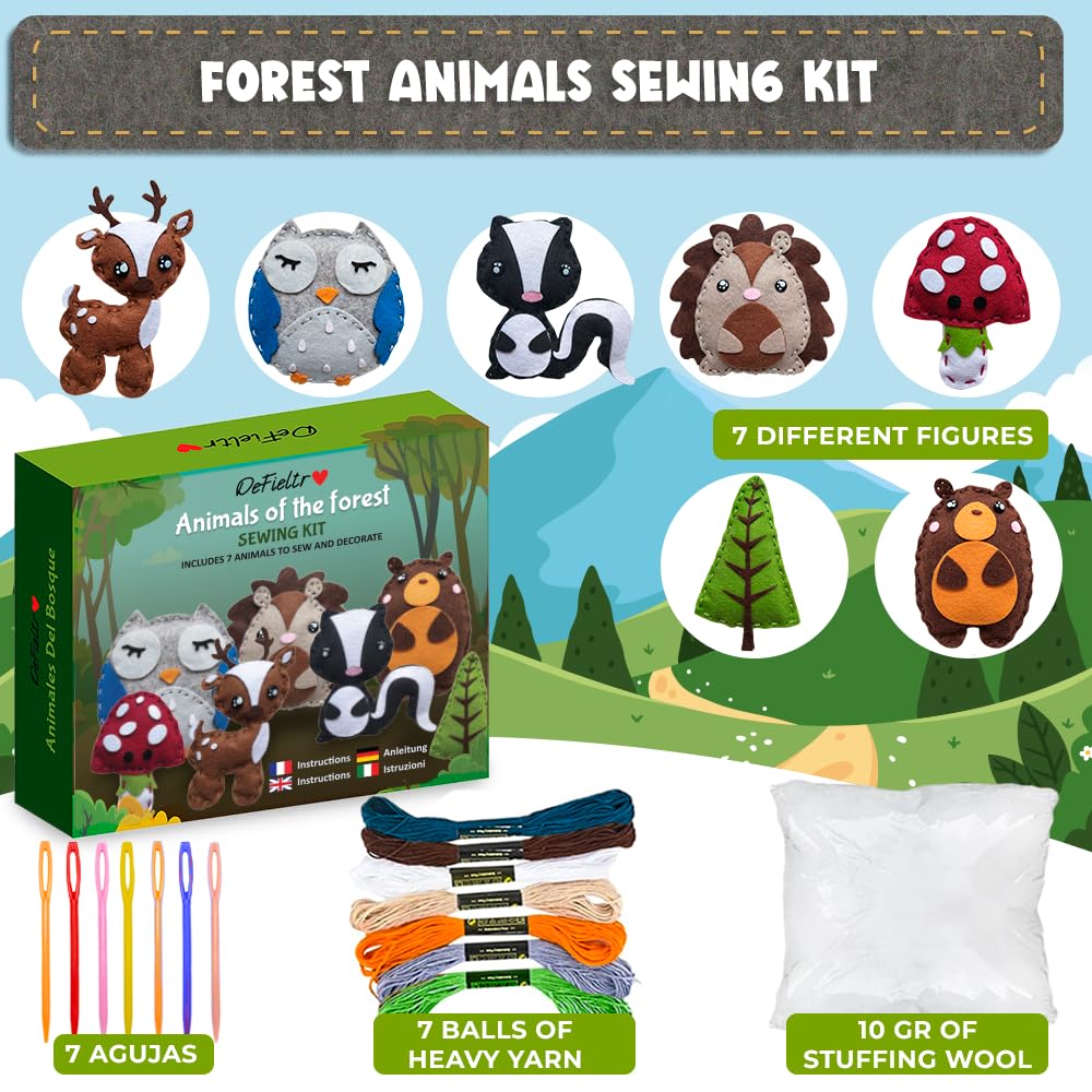 DeFieltro Kids Sewing Kit - Sewing Kit for Beginners - Craft Kits - Sewing Kit for Kids - DIY Felt Plush Craft for Girls and Boys - Sewing Kit for Kids 4-7 Forest Creatures - Sewing Kits Ages 8-12