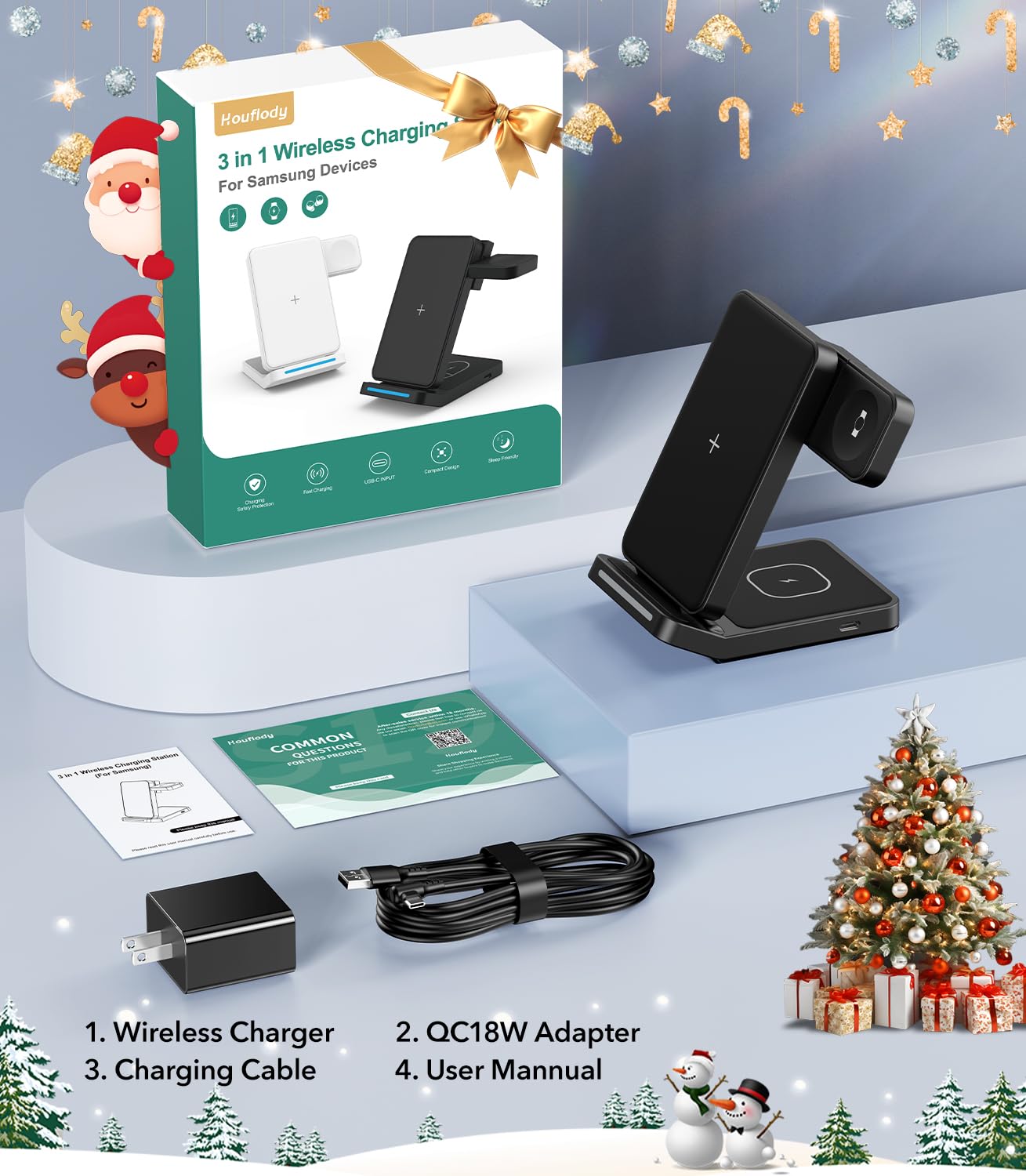Foldable Wireless Charger for Samsung, 3 in 1 Fast Wireless Charging Station Stand for Samsung Galaxy S24 S23 Ultra/S22/S21/S20/Note 20/Z Flip/Fold 6/5,Galaxy Watch Ultra/7/6/5/5 Pro/4,Galaxy Buds Pro