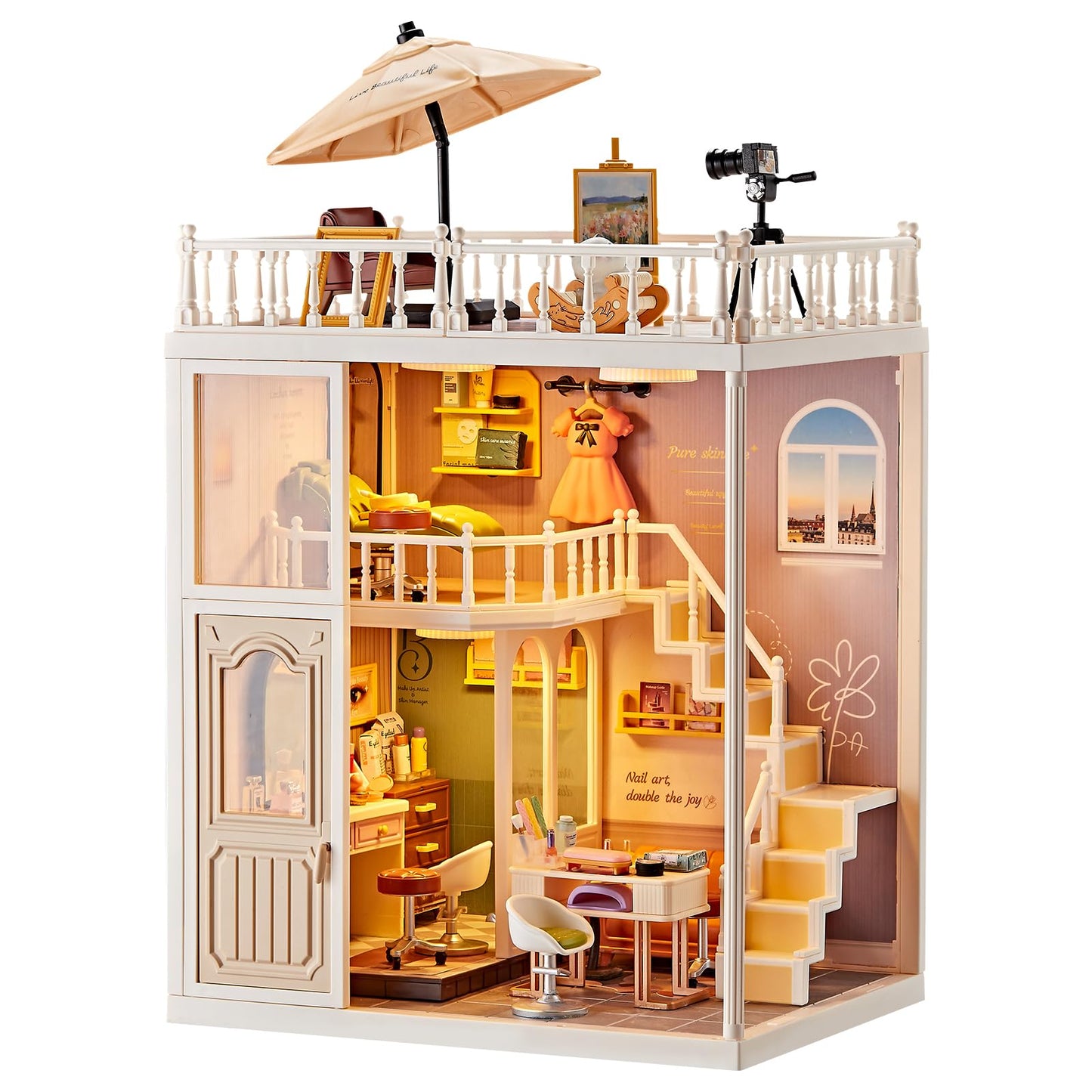 Qudify DIY Miniature House Play Kit with 101Pcs, 1:20 Scale Dollhouse Furniture with LED Light, Realistic Accessories Mini Room & Connectable Base Tiny House for Adults & Kids 8+ (Beauty Salon, Large)
