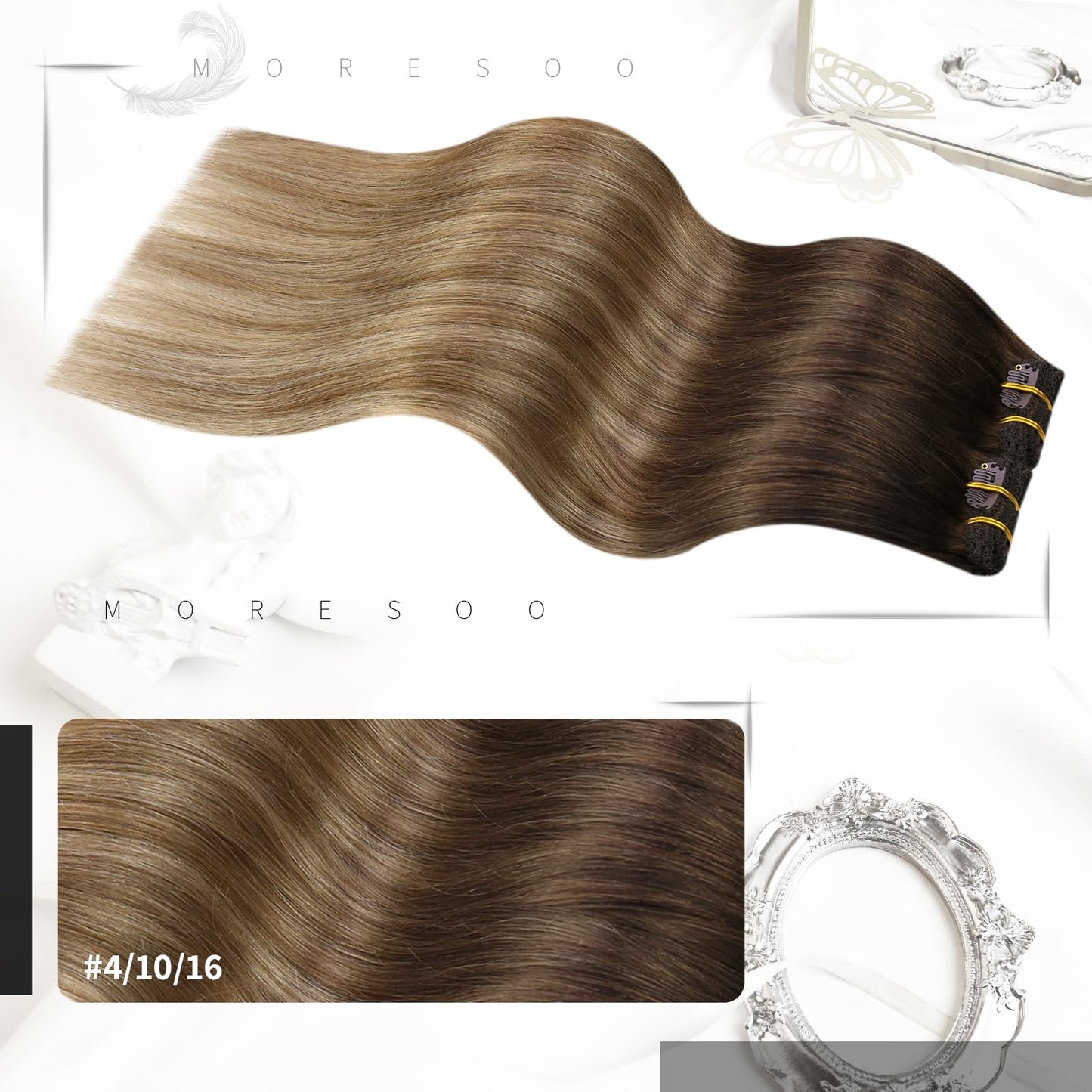 Moresoo Clip in Hair Extensions Real Human Hair Balayage Clip in Extensions for Women Ombre Dark Brown to Golden Brown with Dark Ash Blonde Hair Extensions Clip in Human Hair 18inch 7Pcs 120G