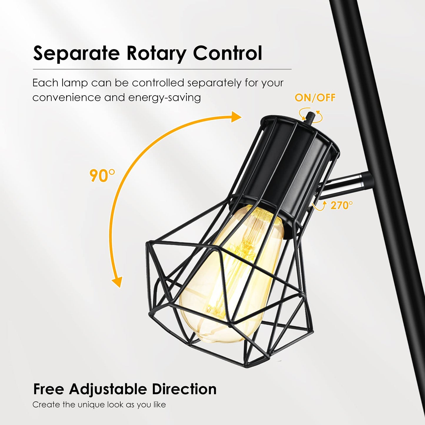 BoostArea Industrial Floor Lamp,Standing Lamp,Farmhouse Tree Floor Lamps with 3 Adjustable Cage Heads,E26 Socket,Independent Control,Floor Lamp for Living Room,Bedroom,Rustic Home(No Bulb)