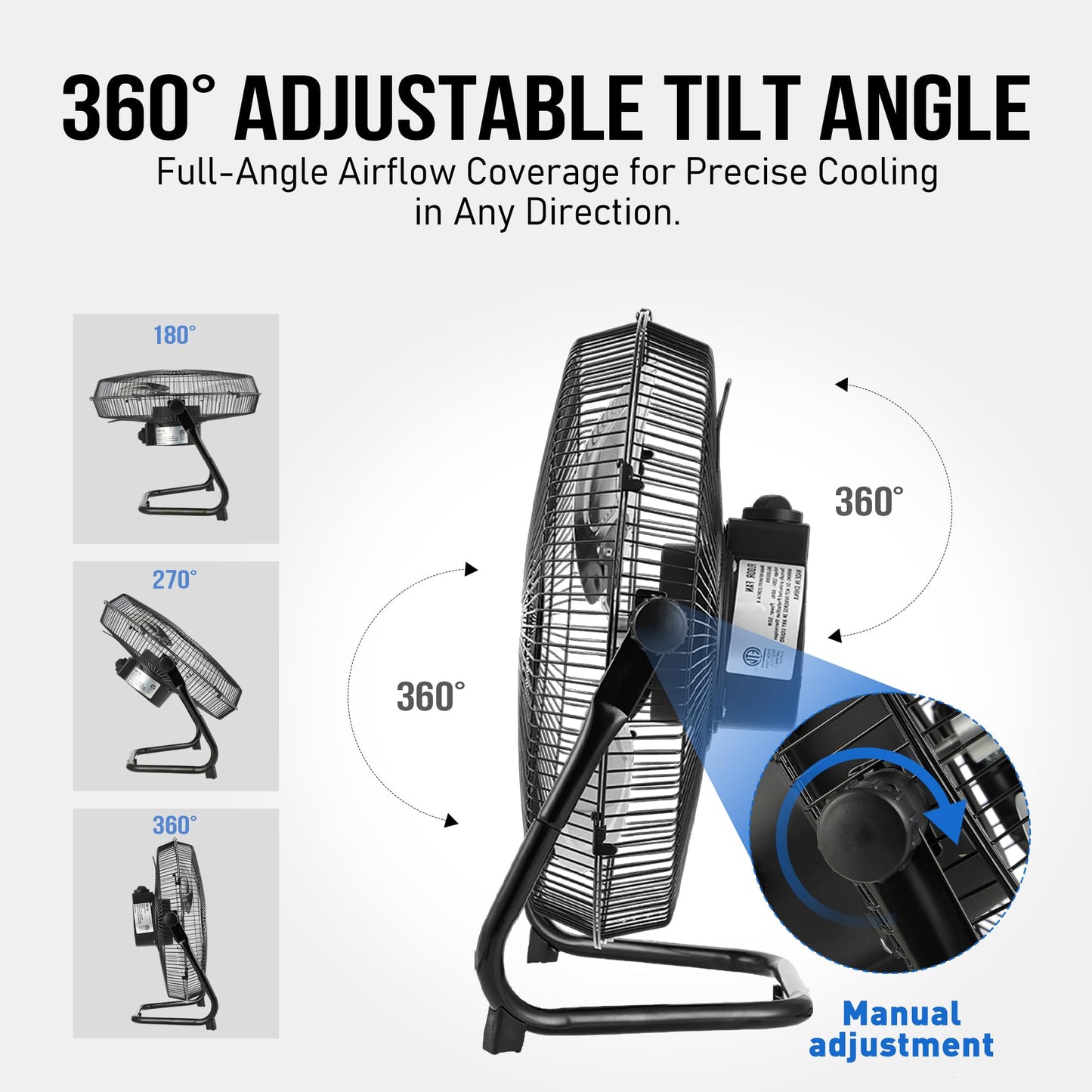 Xcity 20-Inch Metal Floor Fan, High Velocity 4650 CFM Industrial Fan, 3-Speed & 360° Adjustable Tilt, Heavy Duty for Garage, Commercial, Warehouse, Office & Home