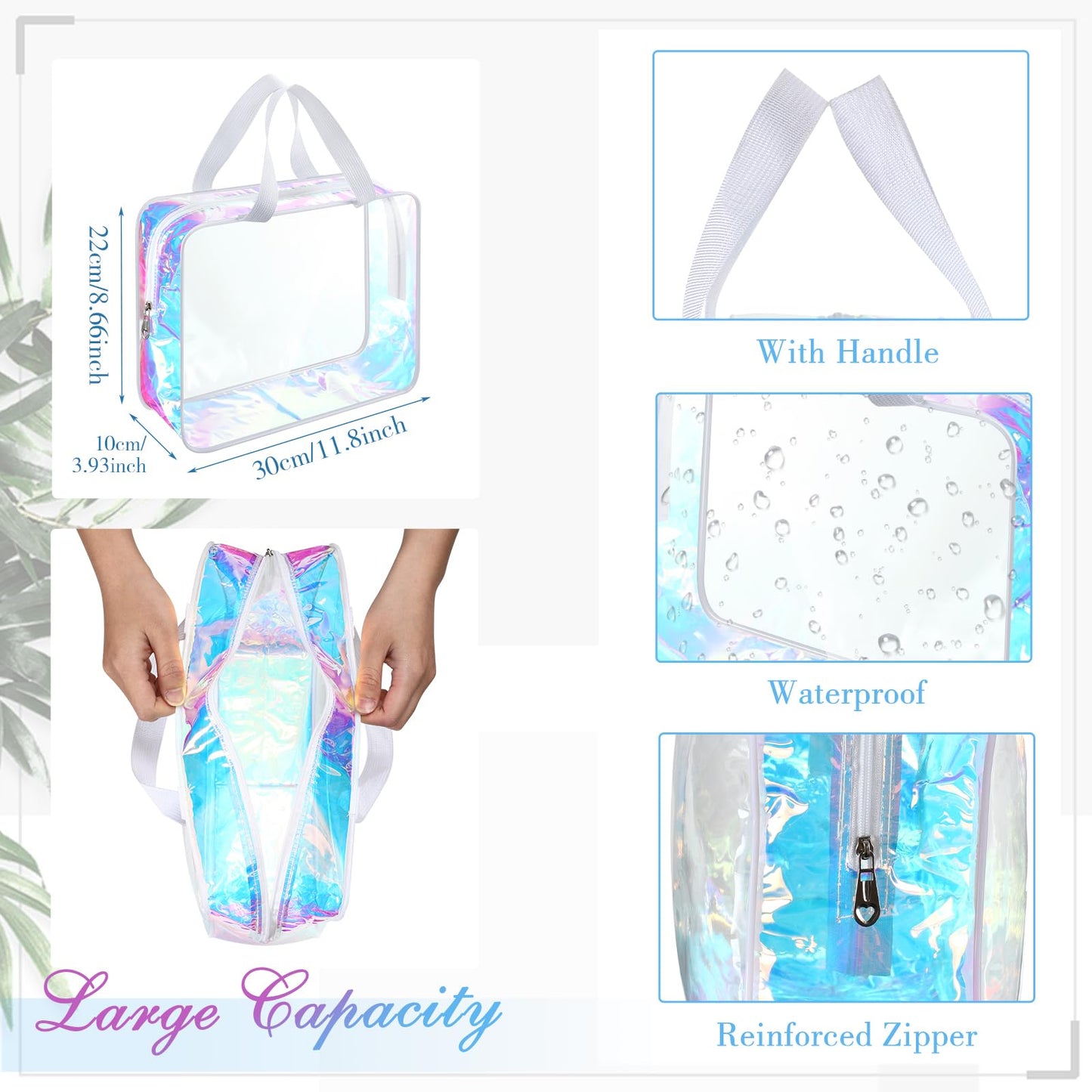 Sweetude 10 Pcs Large Clear Toiletry Bag Large Capacity Travel Makeup Bag PVC Clear Plastic Tote Bag Iridescent Cosmetic Bag Cosmetic Clothes Organizer Bag for Women Men